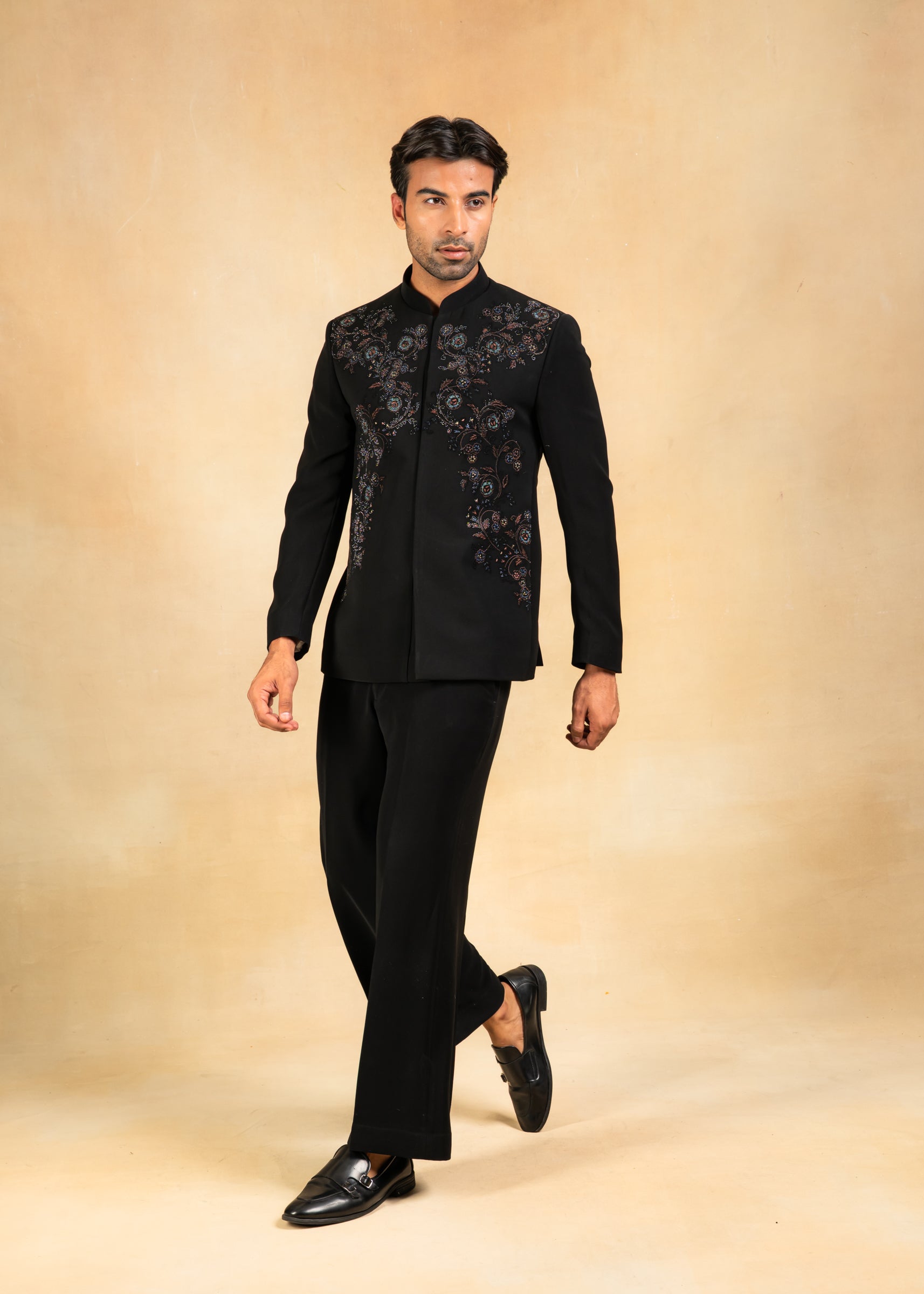 designer bandhgala with crystal and thread work
