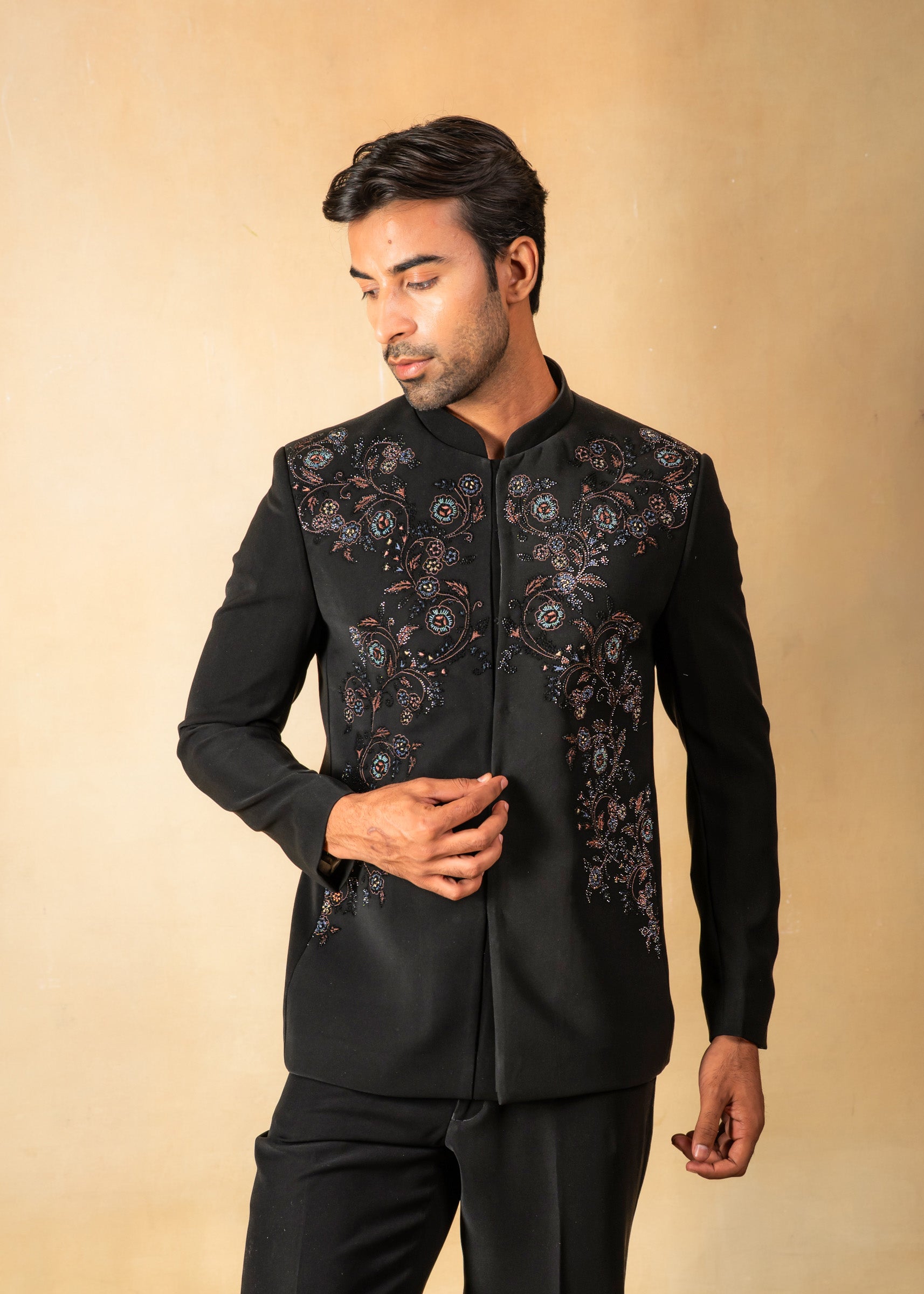 designer bandhgala with crystal and thread work