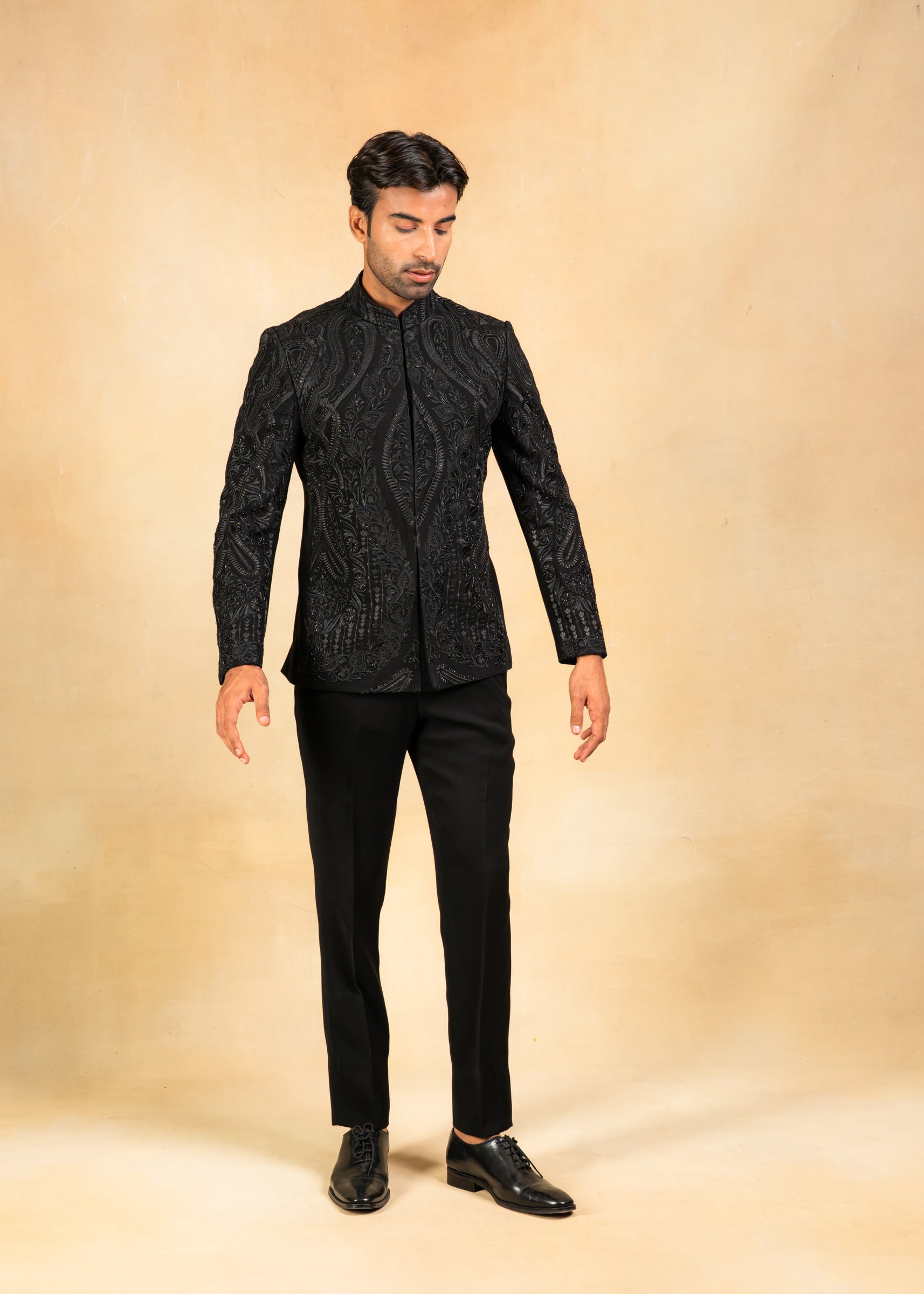 designer black bandhgala with hand embroidery