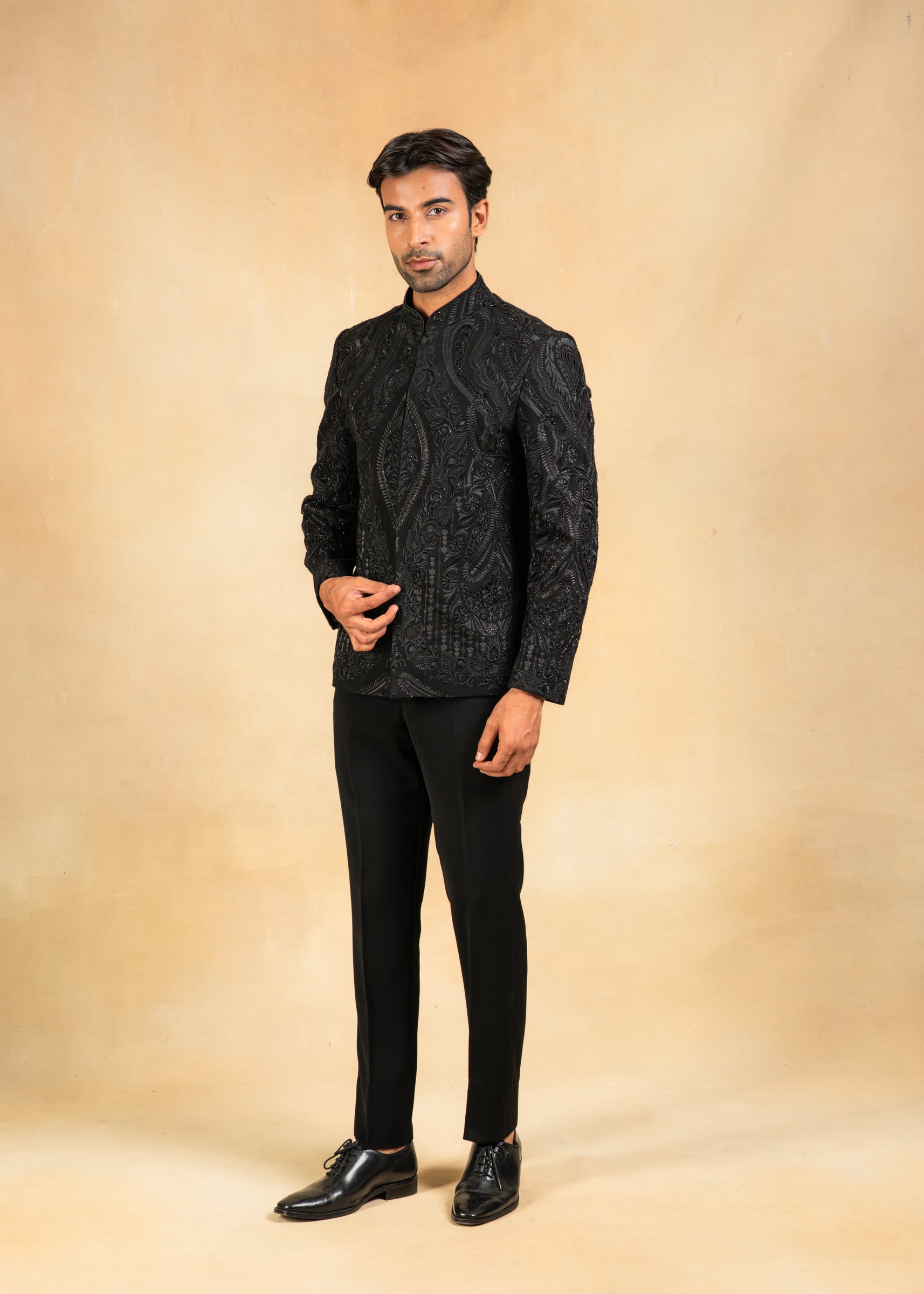 designer black bandhgala with hand embroidery