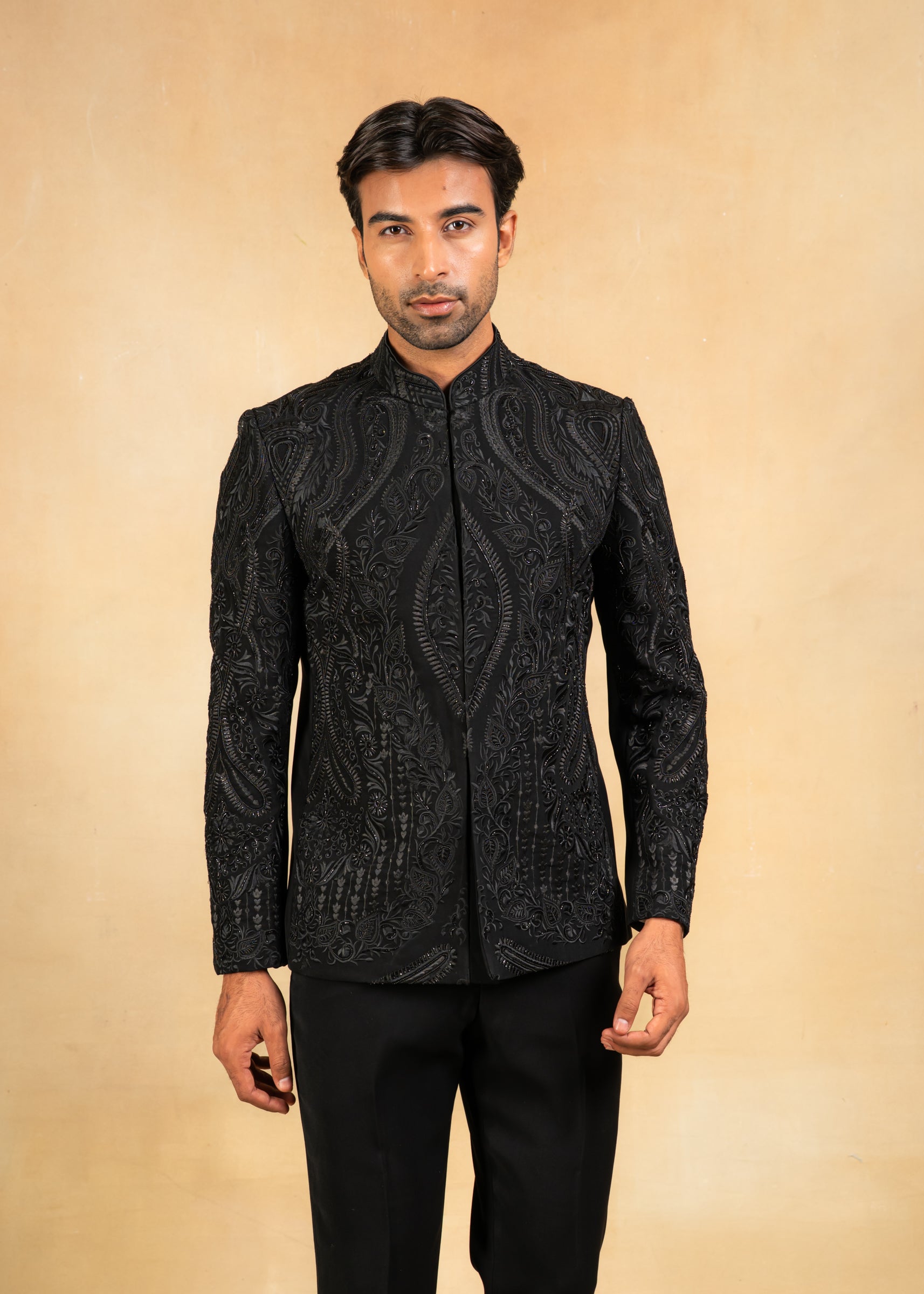 designer black bandhgala with hand embroidery