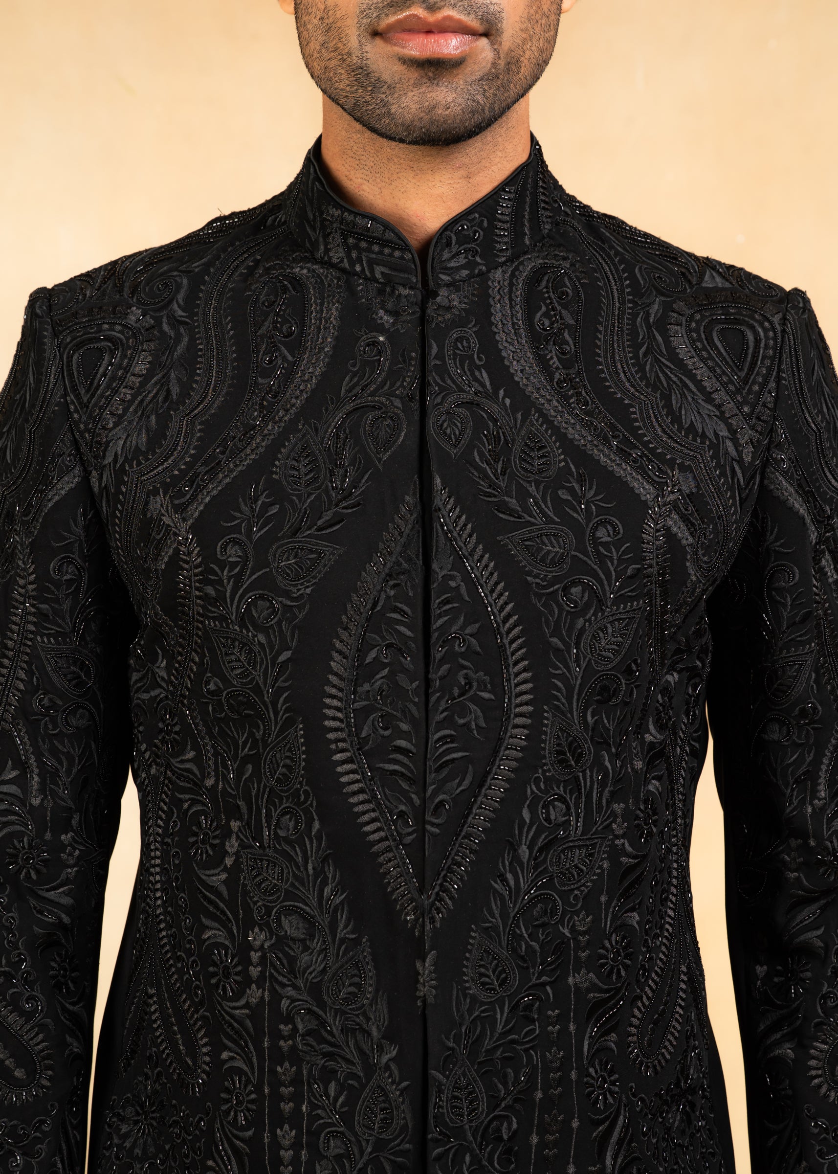 designer black bandhgala with hand embroidery