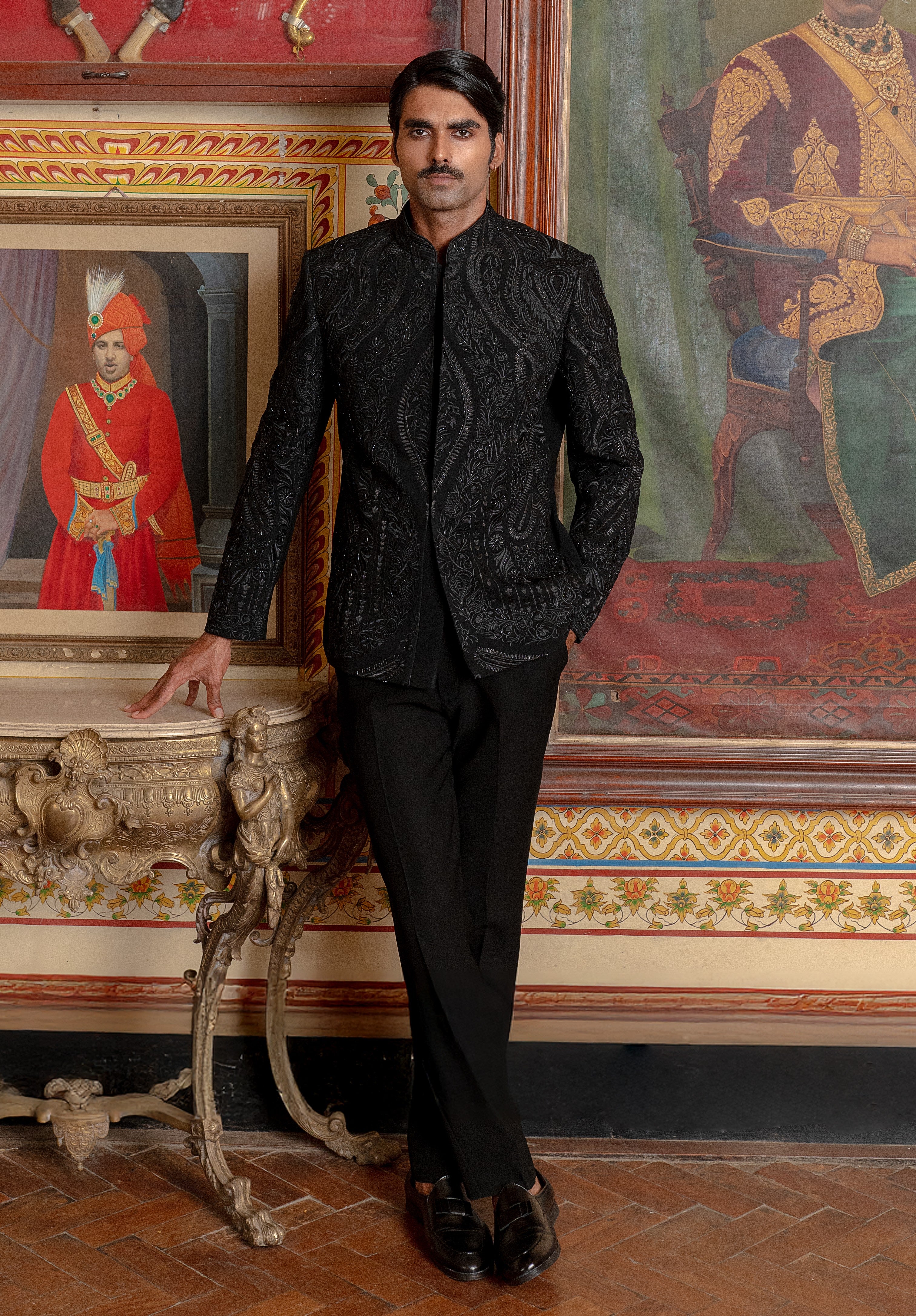 designer black bandhgala with hand embroidery