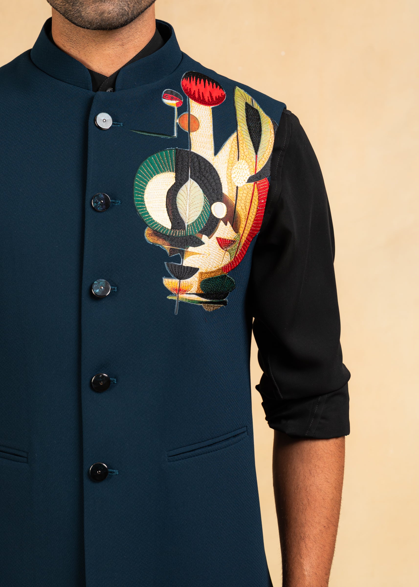 designer teal bundi with abstract motif