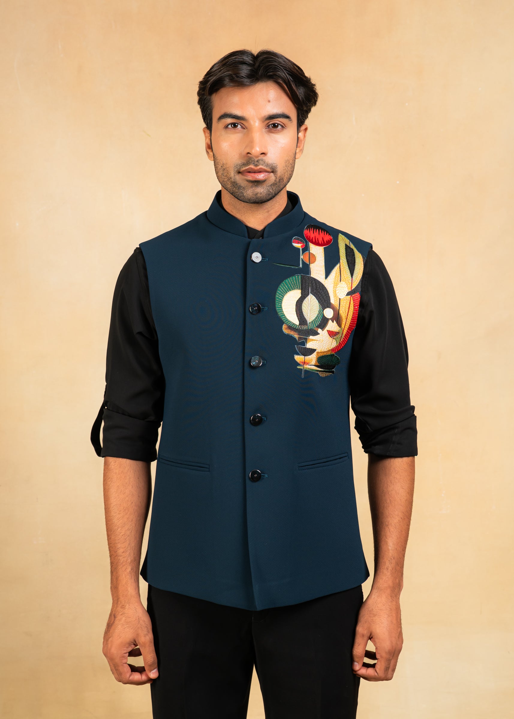 designer teal bundi with abstract motif
