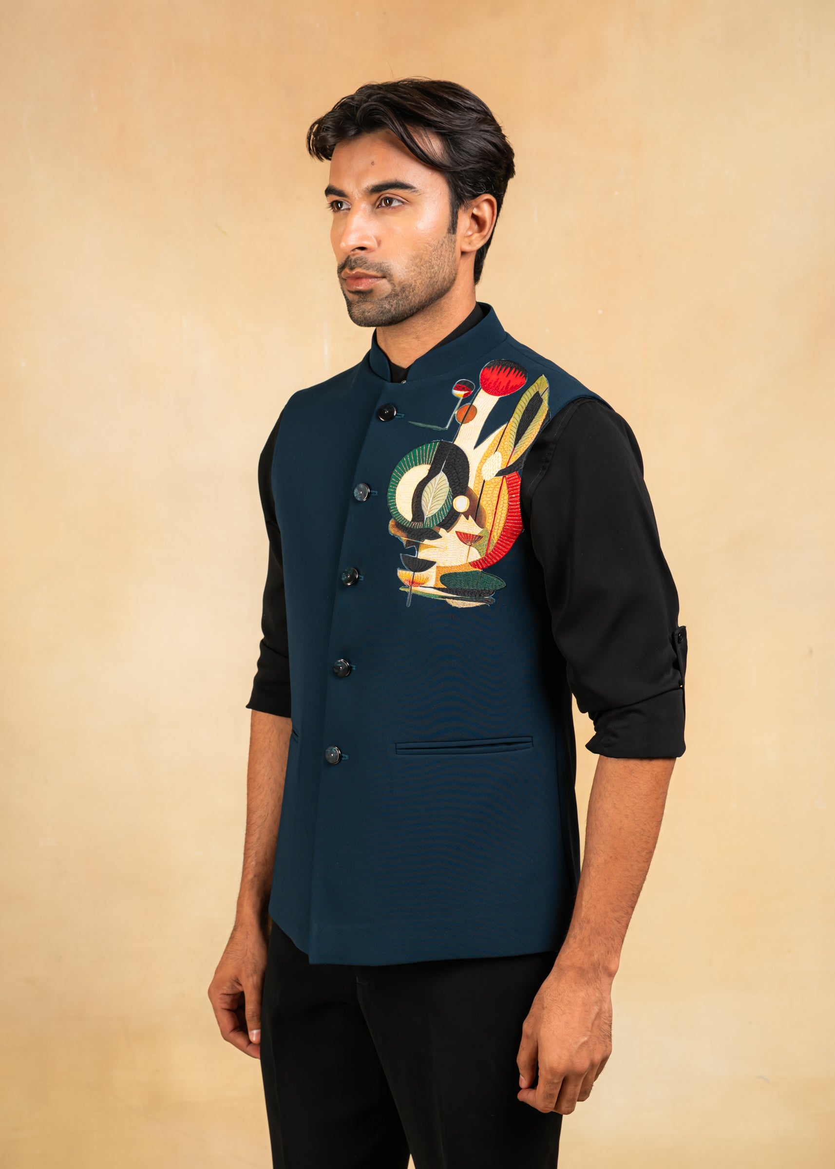 designer teal bundi with abstract motif
