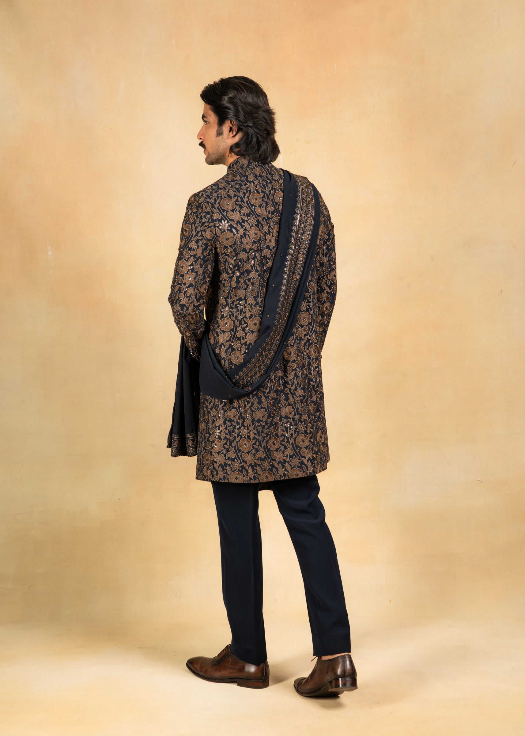 gold and navy embroidered indowestern with stole