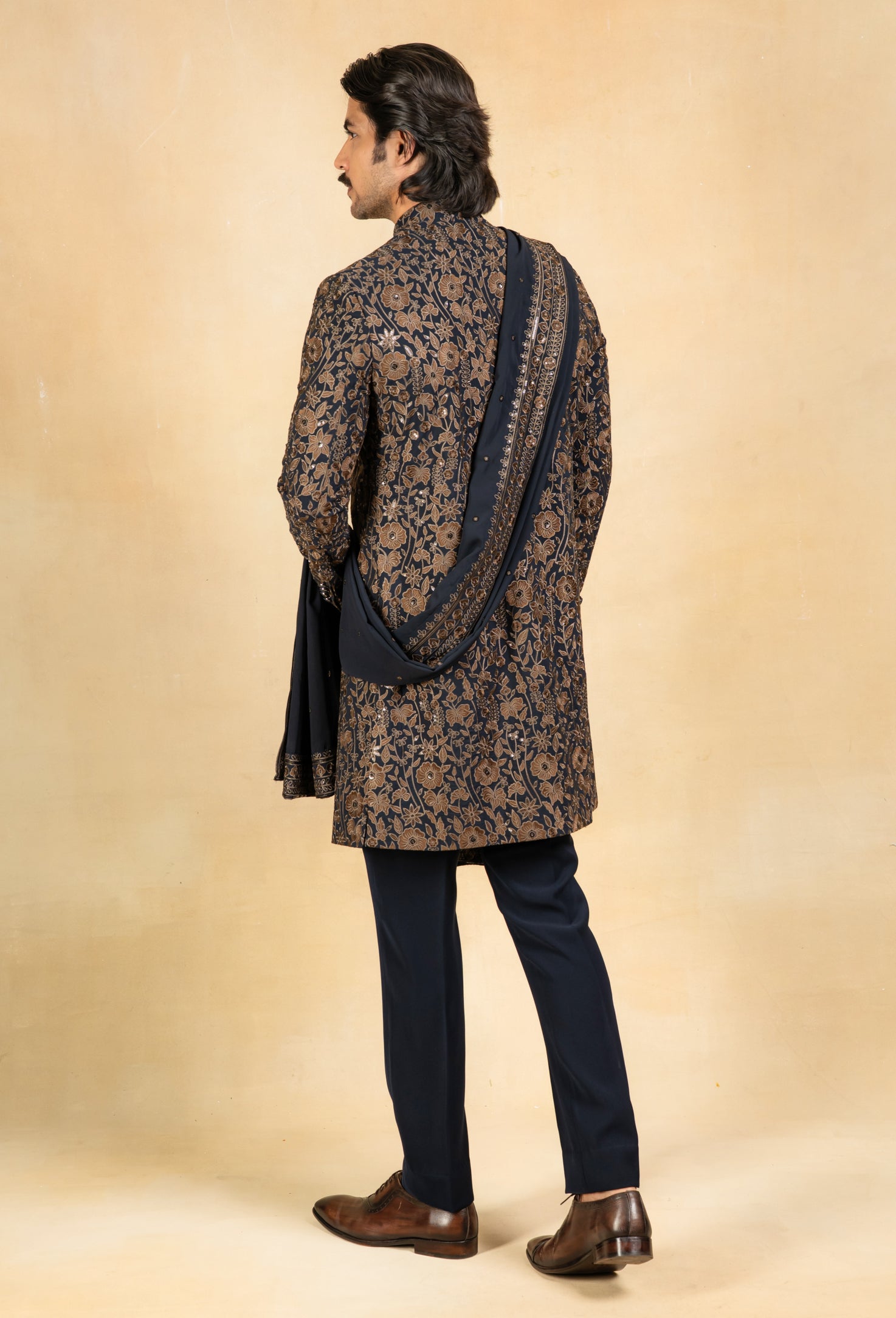 gold and navy embroidered indowestern with stole