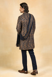 gold and navy embroidered indowestern with stole