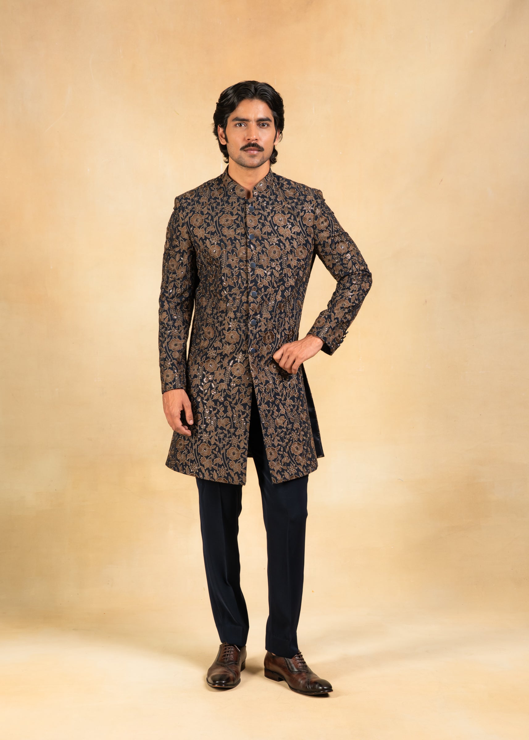 gold and navy embroidered indowestern with stole