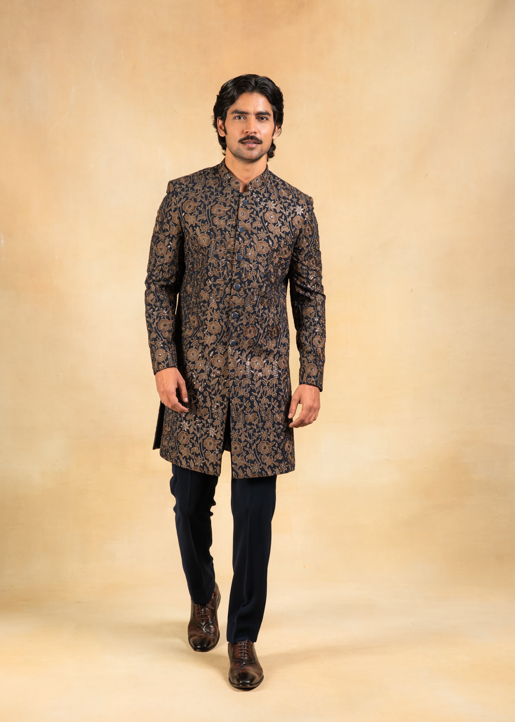 gold and navy embroidered indowestern with stole