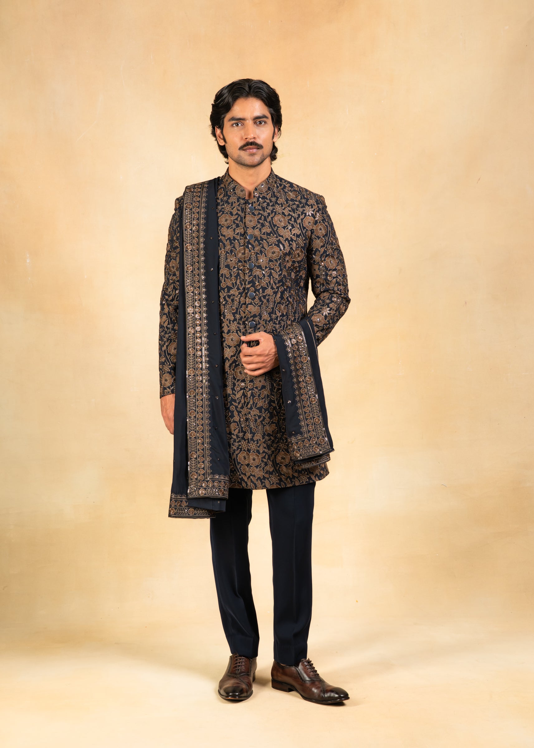 gold and navy embroidered indowestern with stole