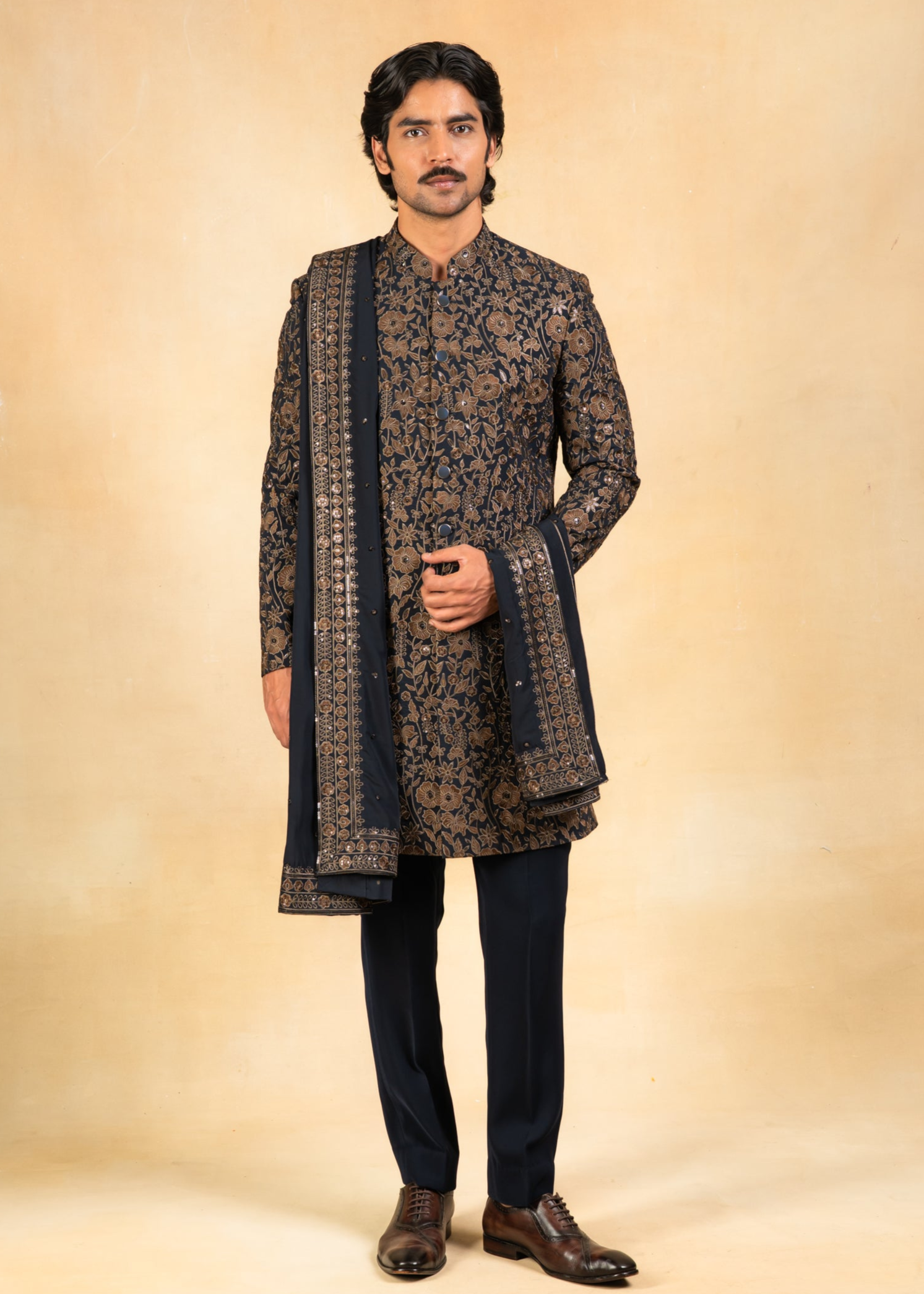gold and navy embroidered indowestern with stole