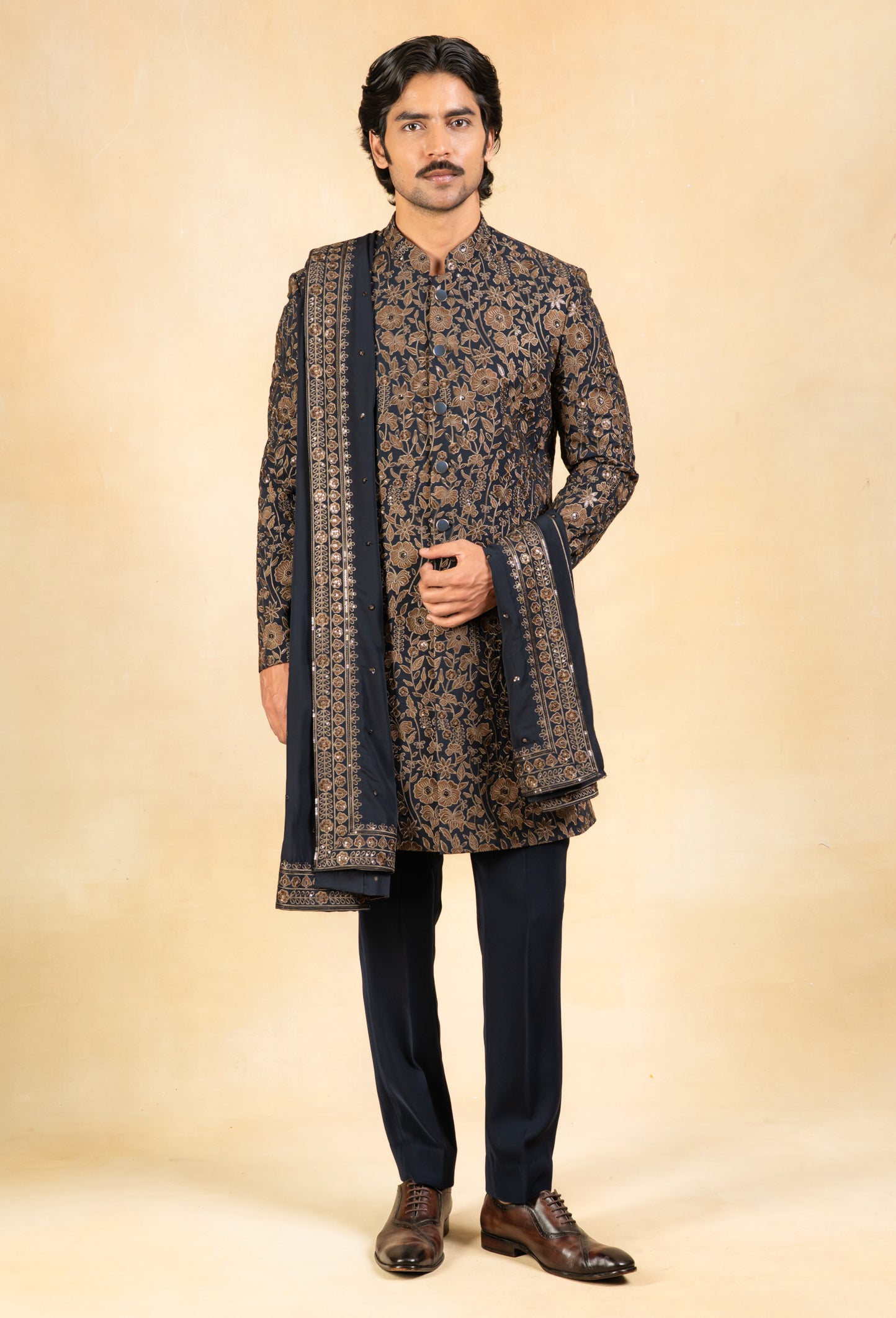 gold and navy embroidered indowestern with stole