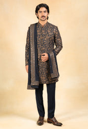 gold and navy embroidered indowestern with stole