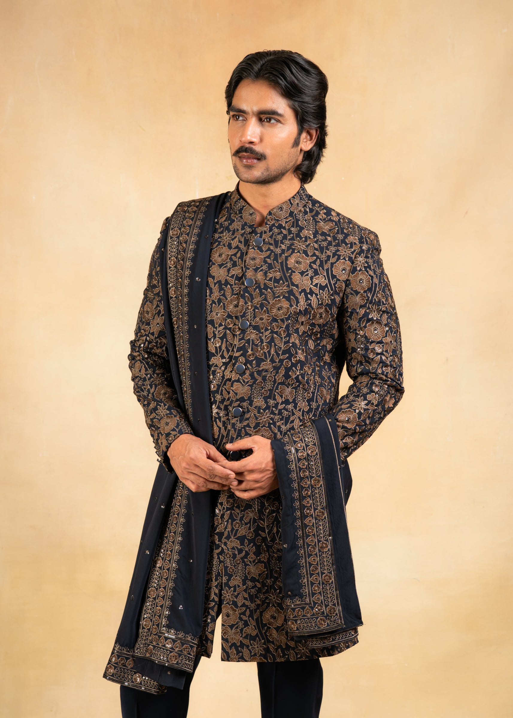 gold and navy embroidered indowestern with stole