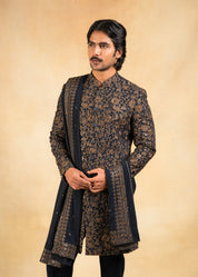 gold and navy embroidered indowestern with stole