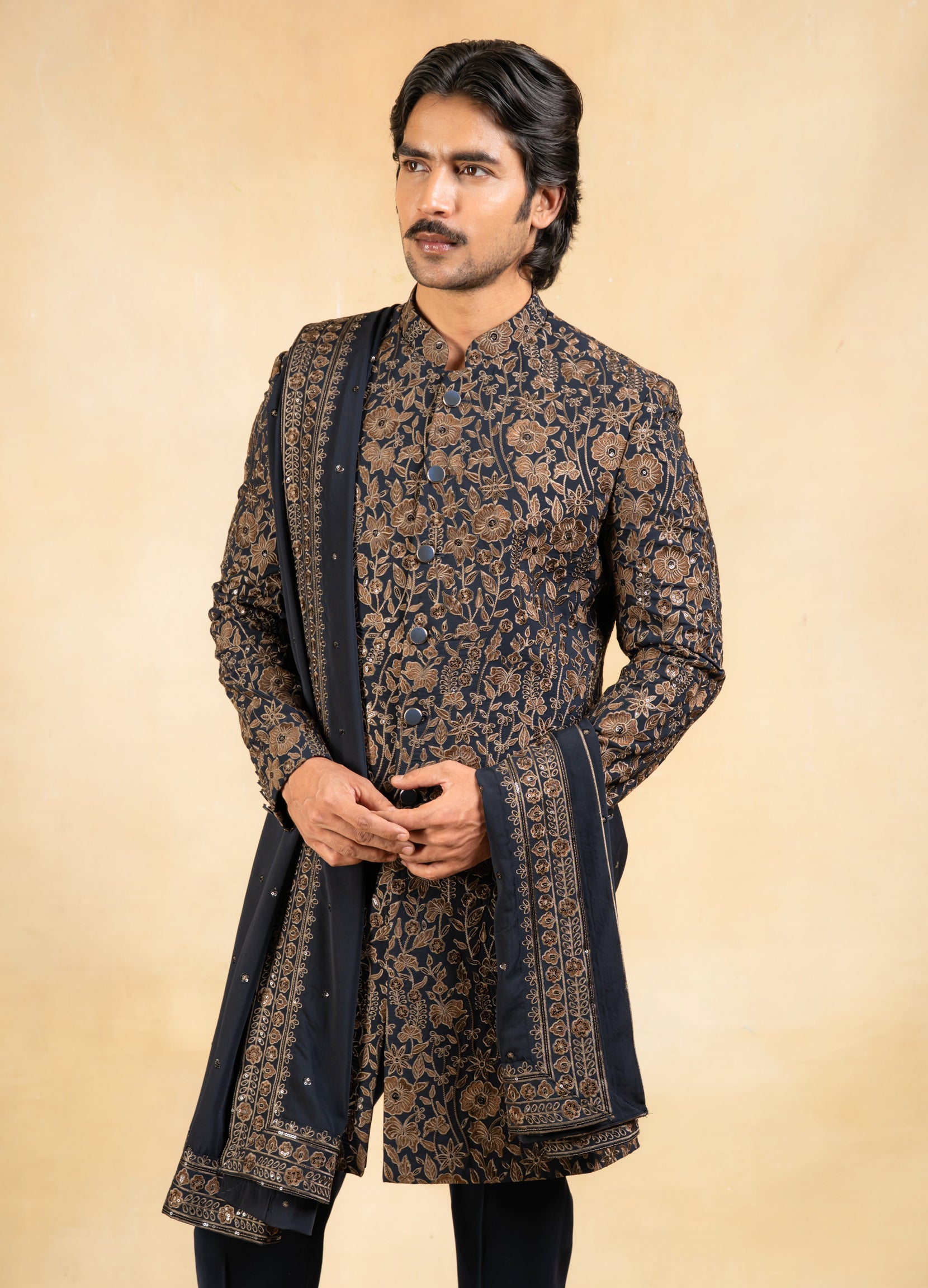 gold and navy embroidered indowestern with stole