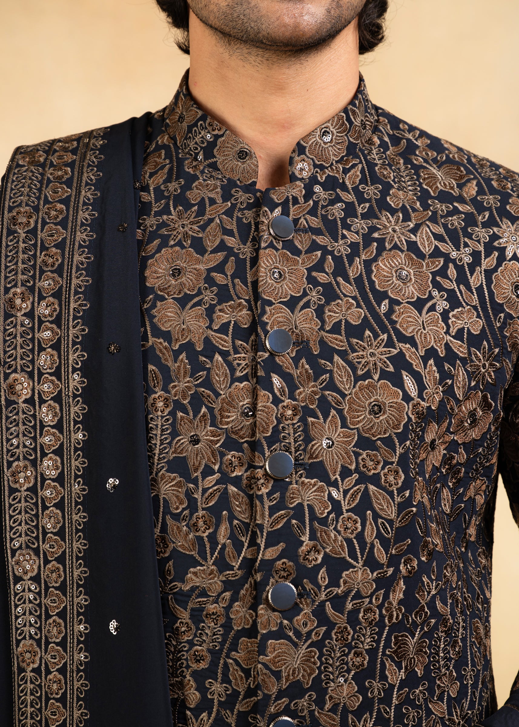 gold and navy embroidered indowestern with stole