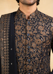 gold and navy embroidered indowestern with stole