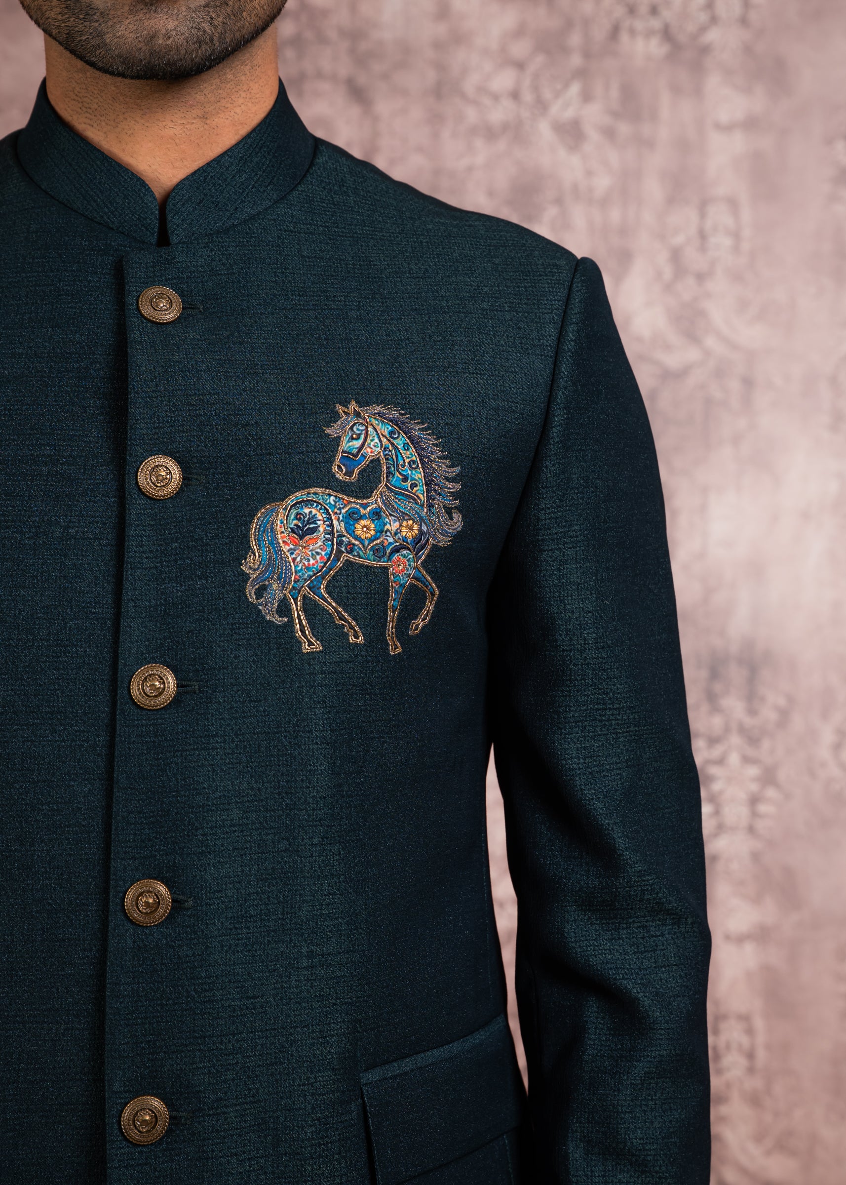 green bandhgala with embroidered motif