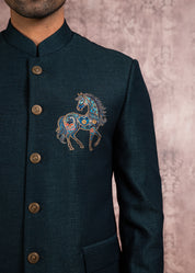 green bandhgala with embroidered motif
