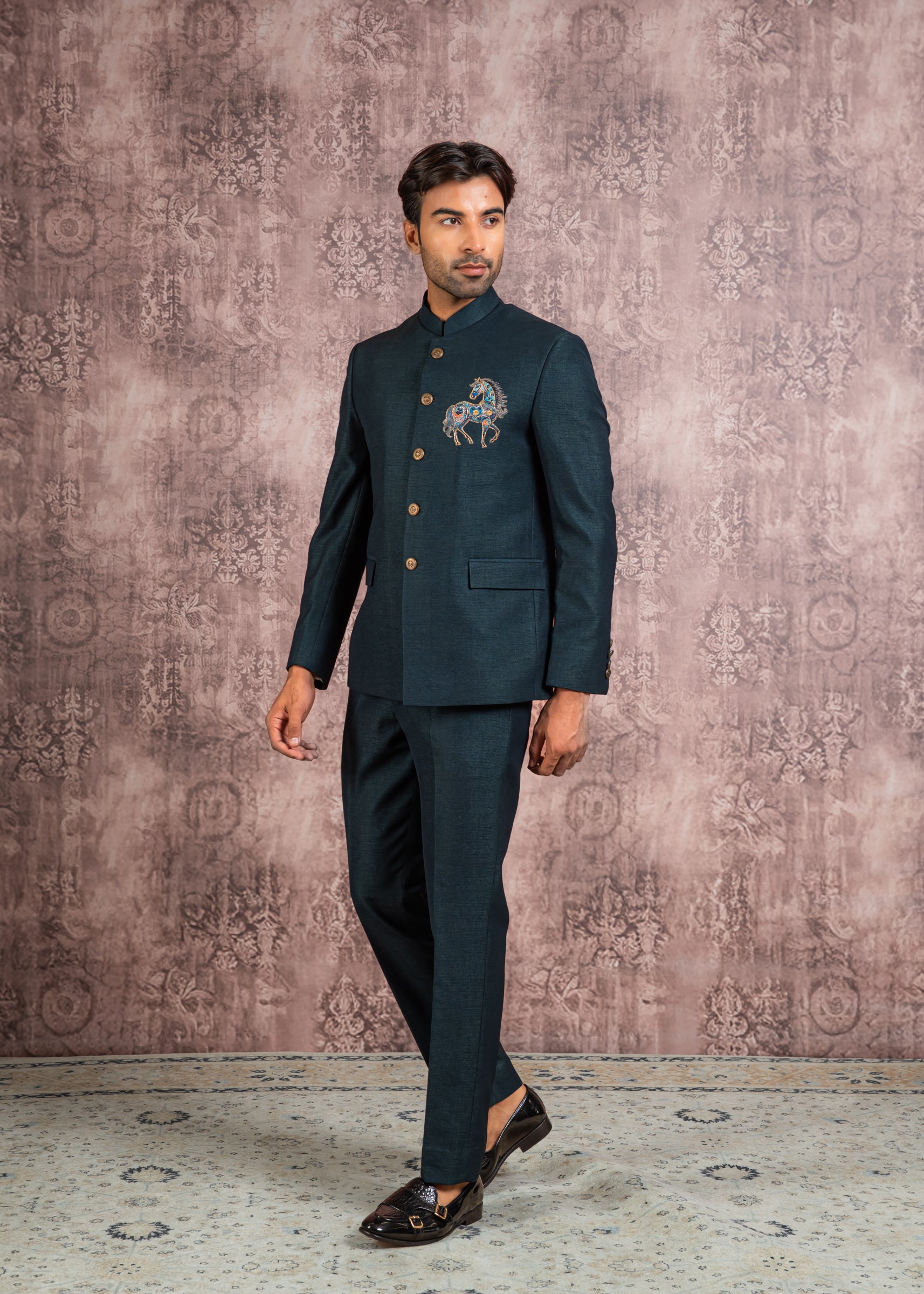 green bandhgala with embroidered motif