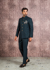 green bandhgala with embroidered motif