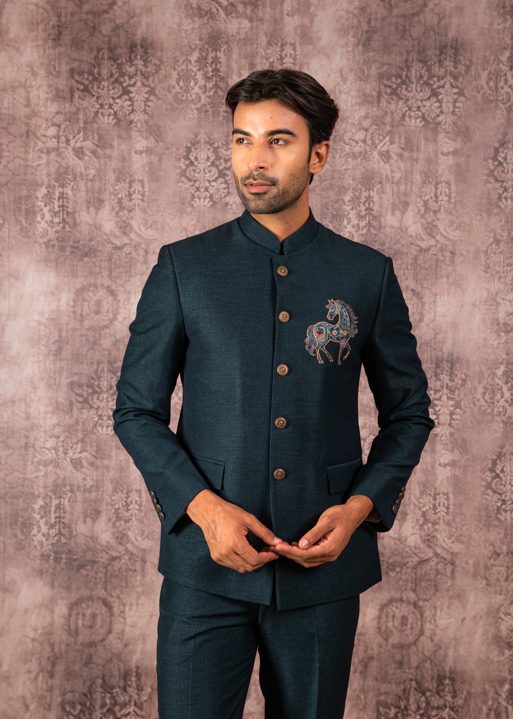 green bandhgala with embroidered motif