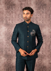 green bandhgala with embroidered motif