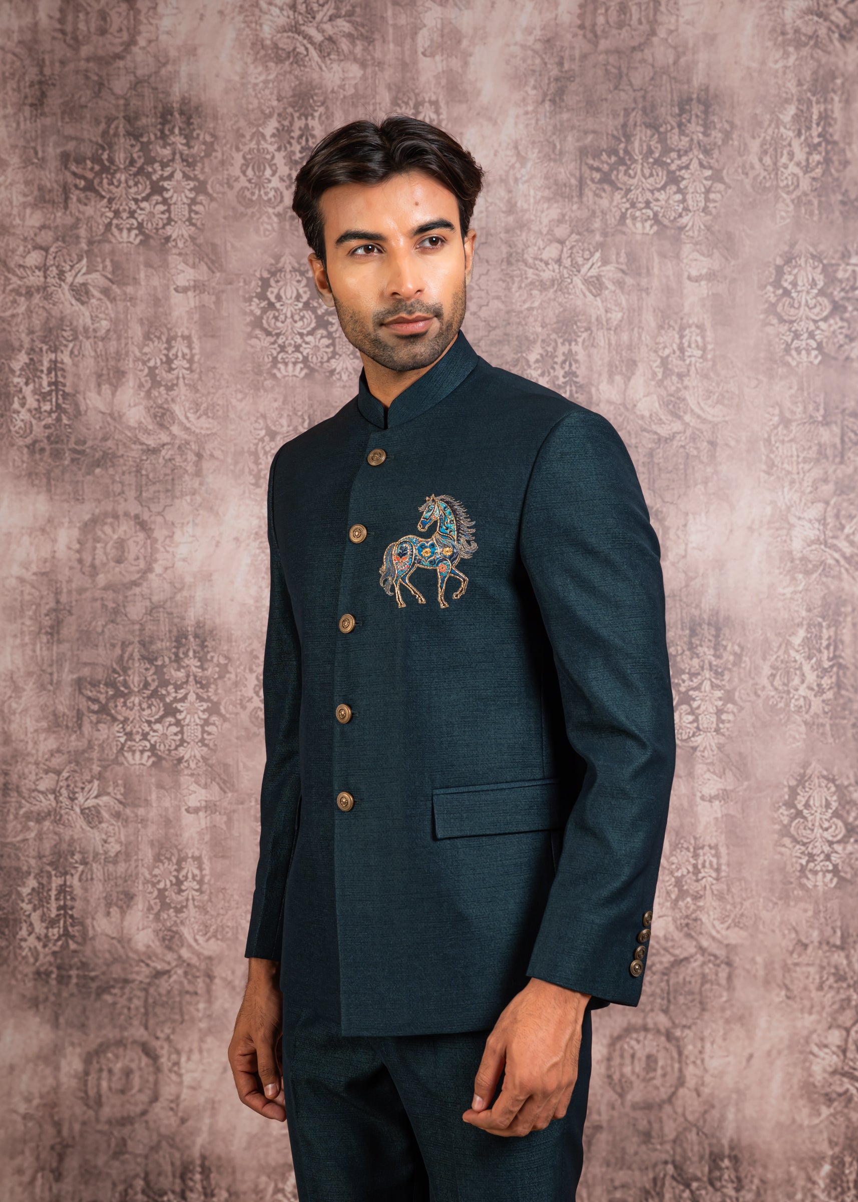 green bandhgala with embroidered motif