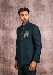 green bandhgala with embroidered motif