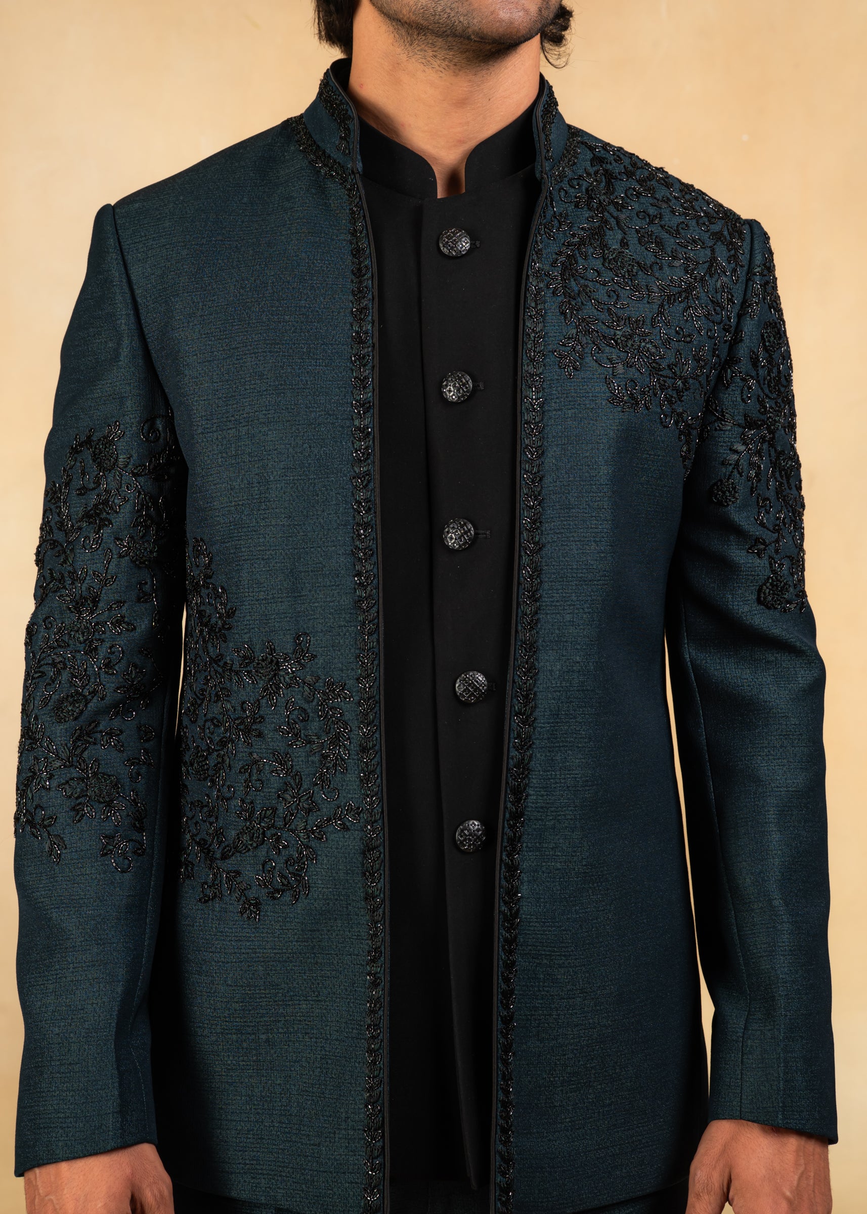 green open bandhgala with hand embroidery