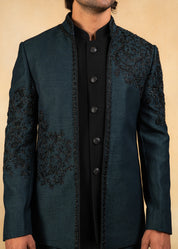 green open bandhgala with hand embroidery