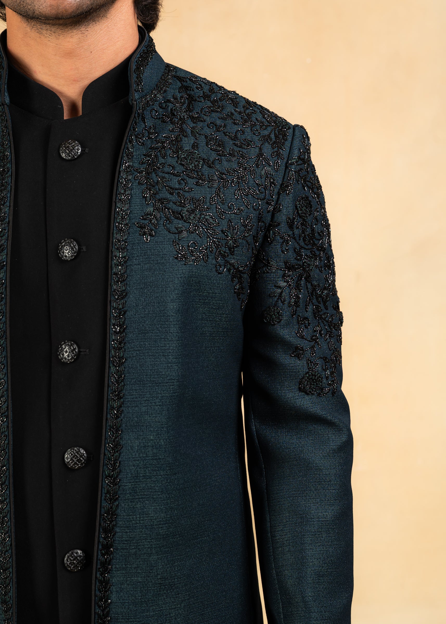 green open bandhgala with hand embroidery