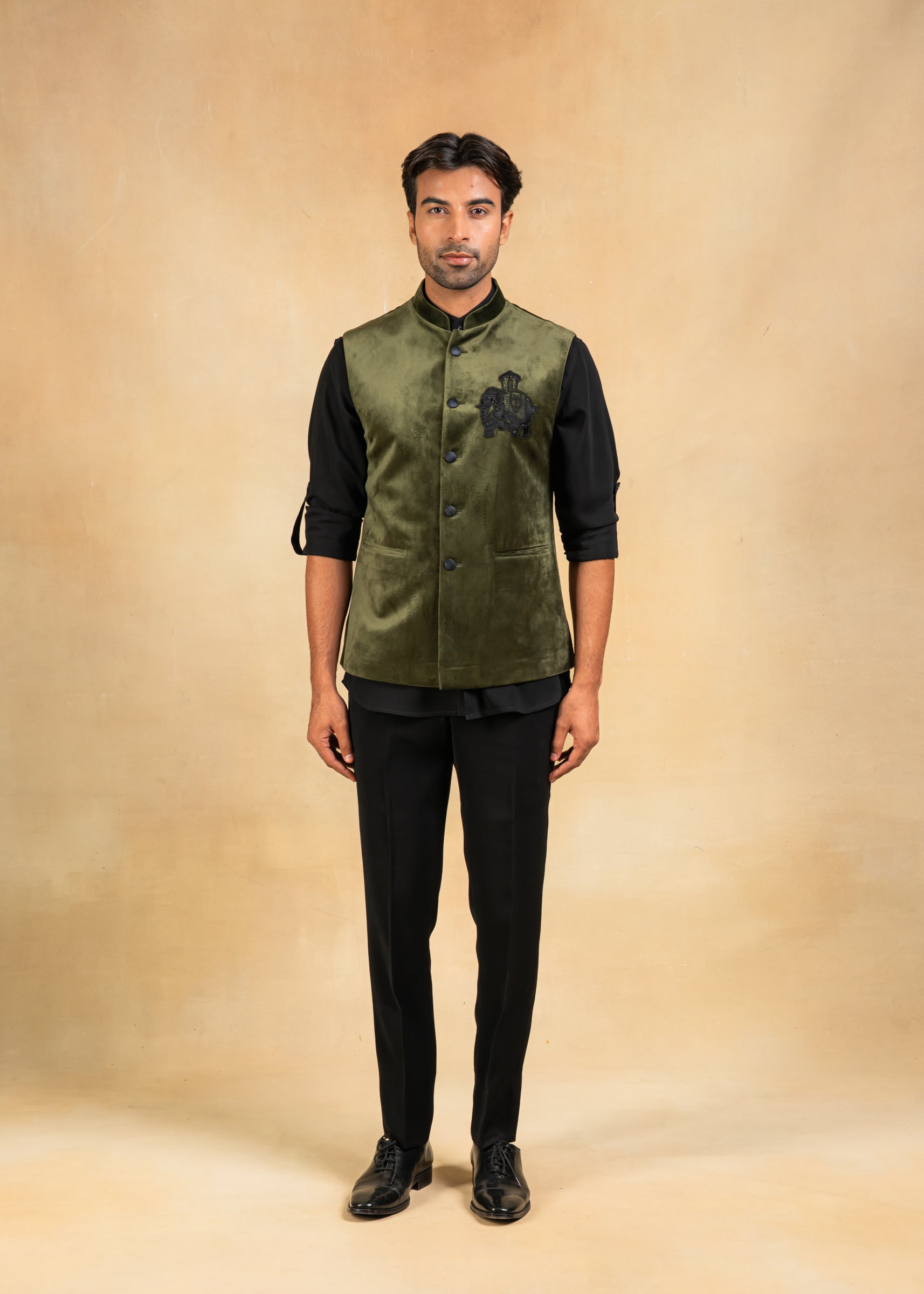 green velvet nehru jacket with motif