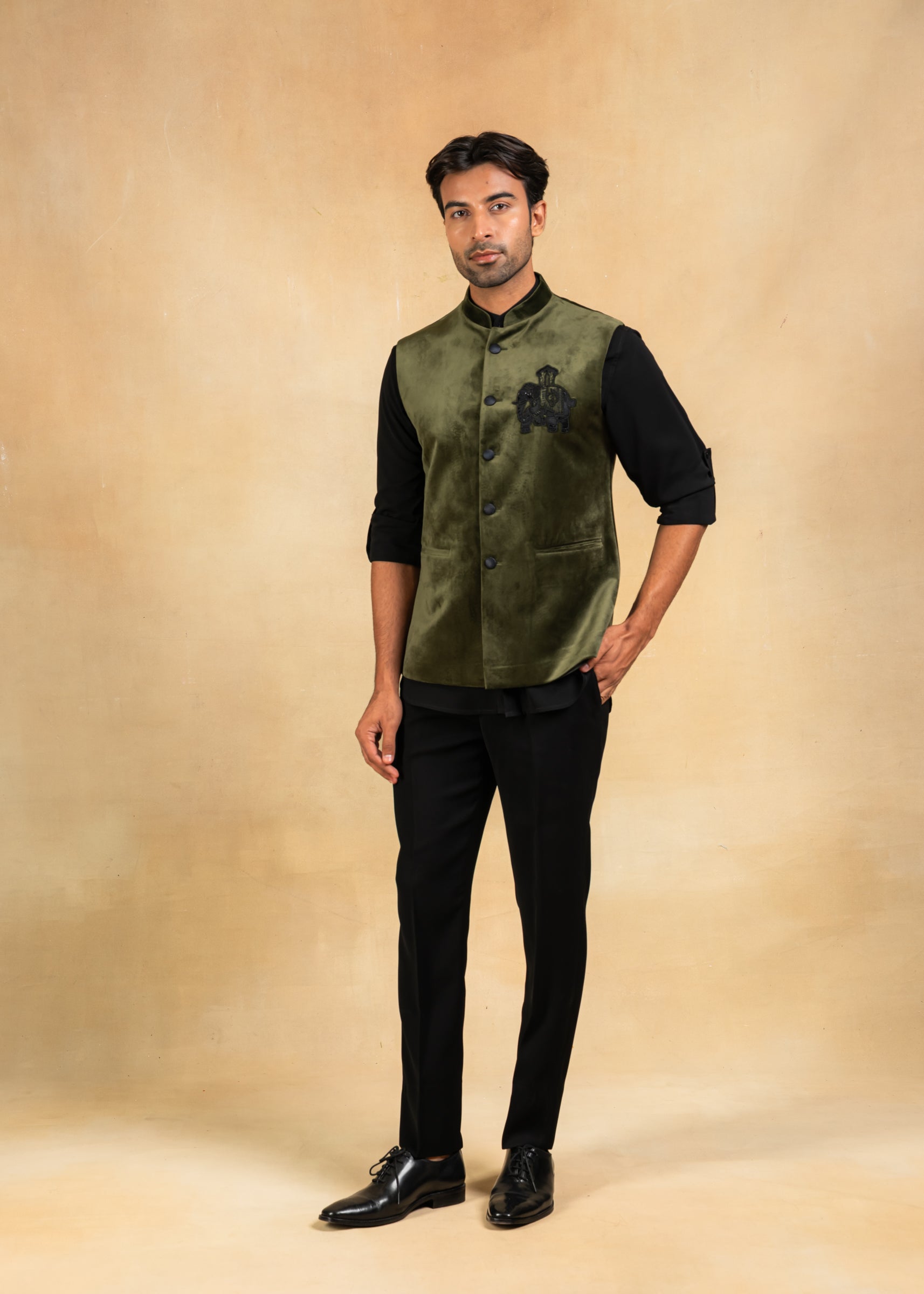 green velvet nehru jacket with motif