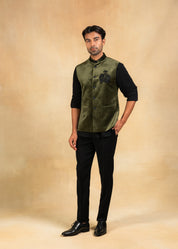 green velvet nehru jacket with motif