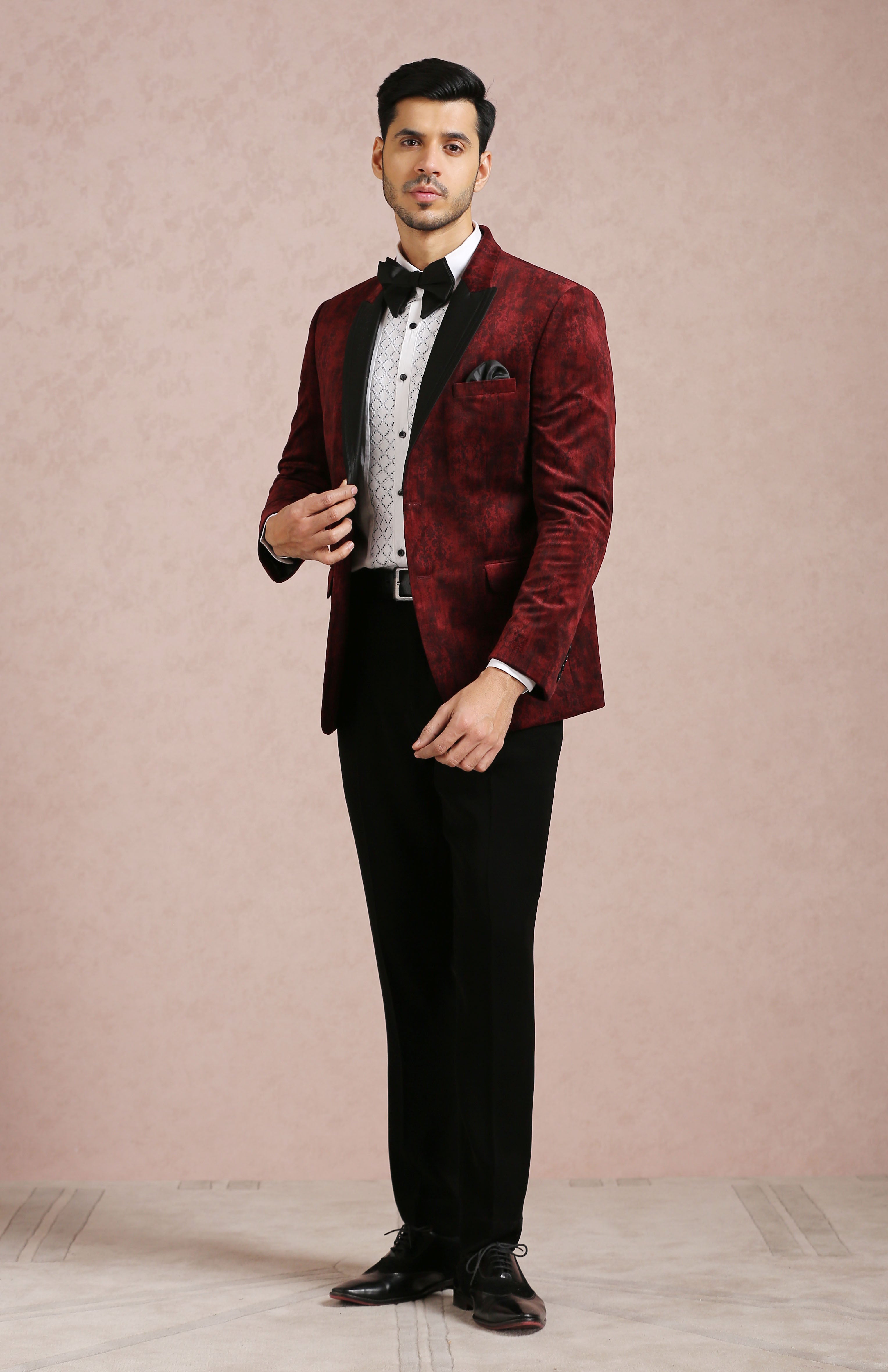 Maroon Printed Velvet Suit