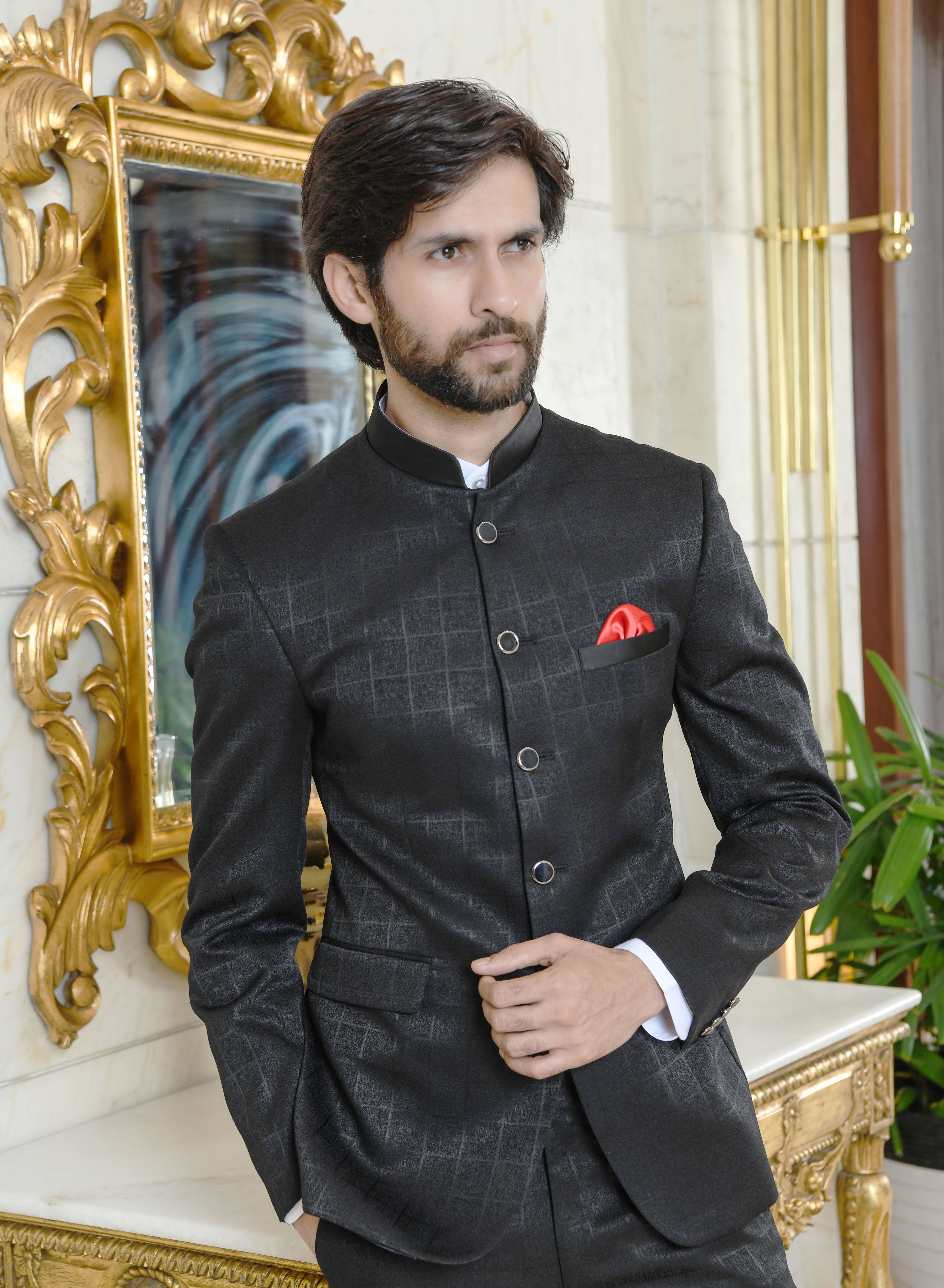 model wearing a classic black check bandhgala blazer
