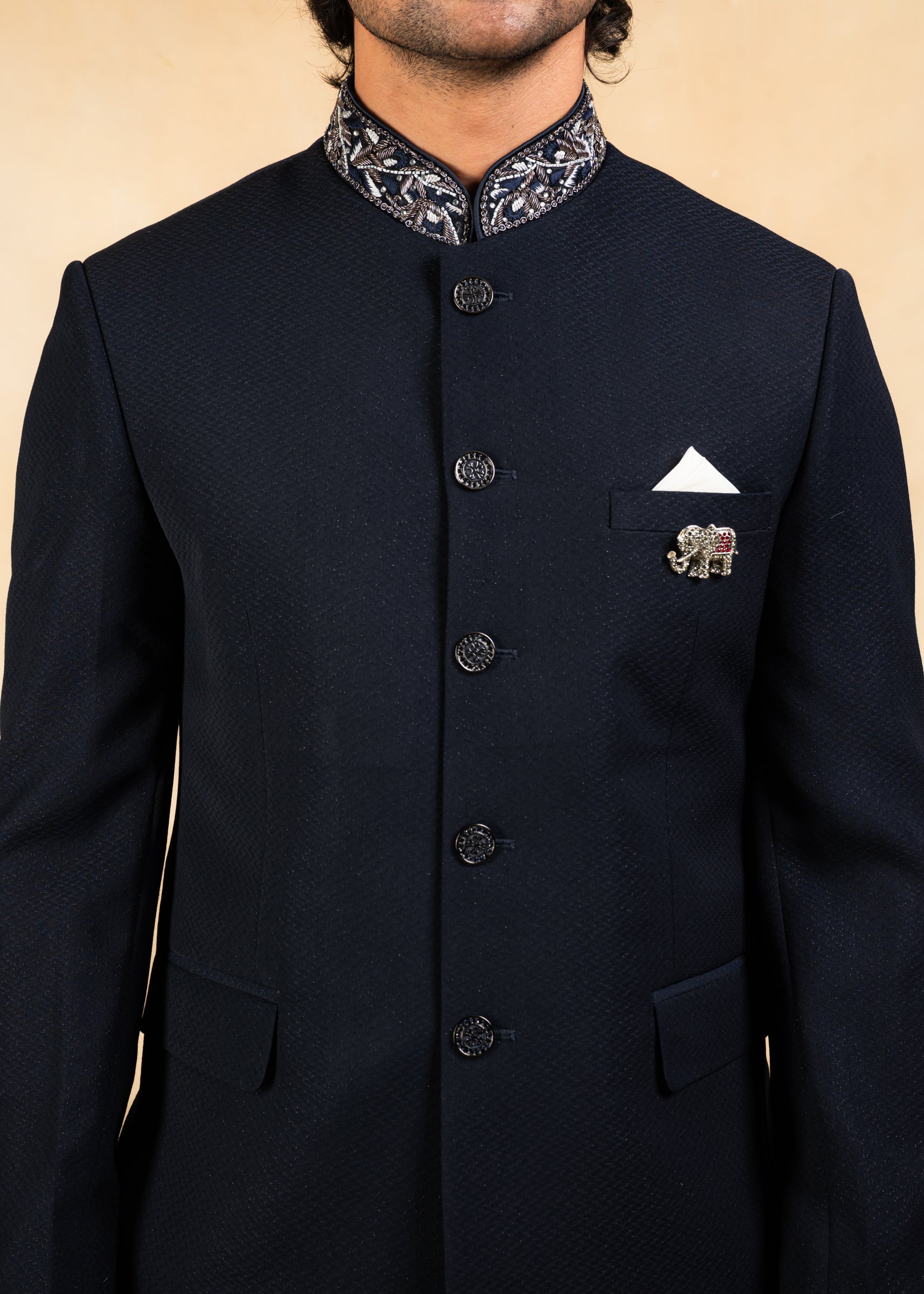 navy blue bandhgala with hand embroidered collar