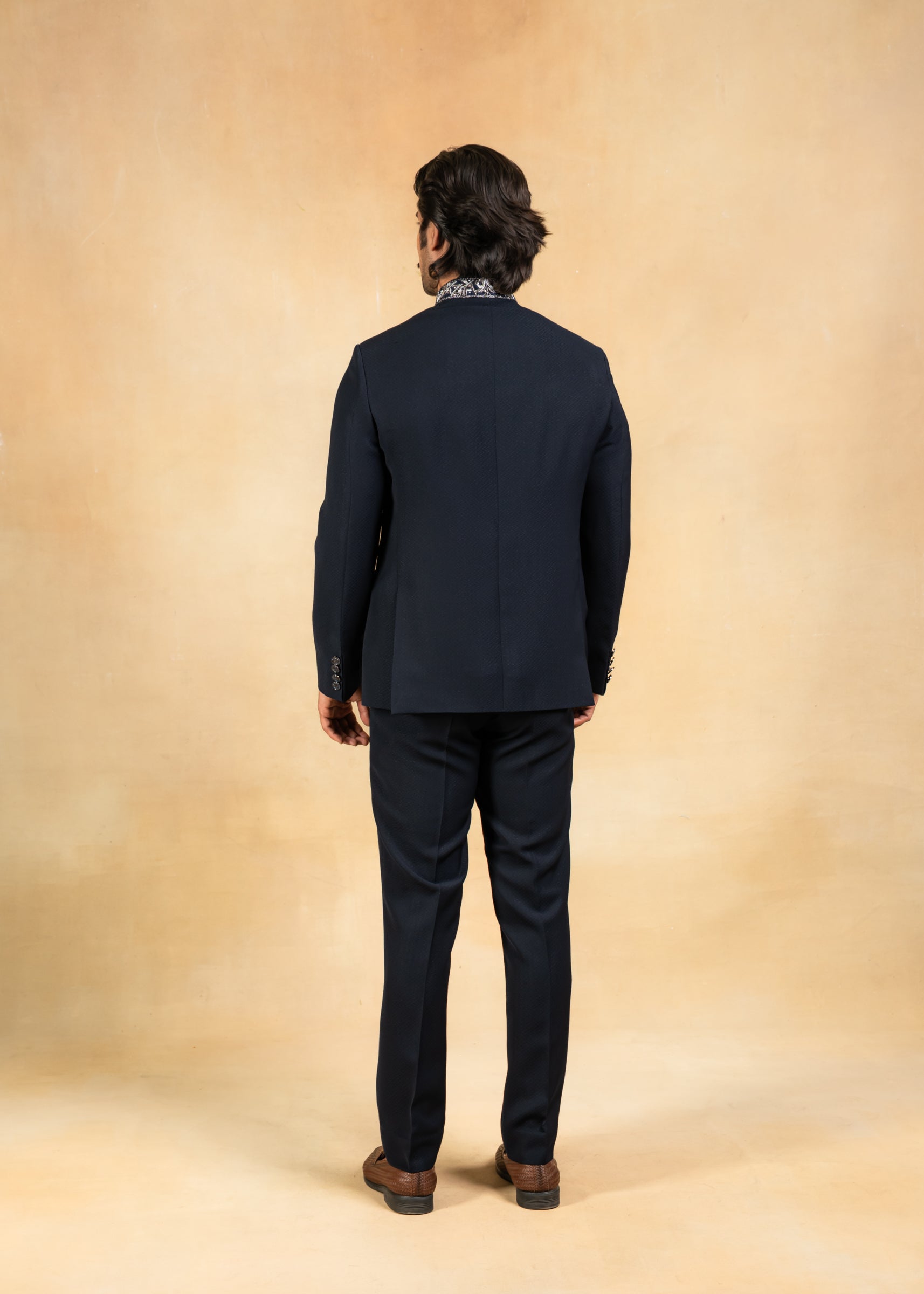 navy blue bandhgala with hand embroidered collar