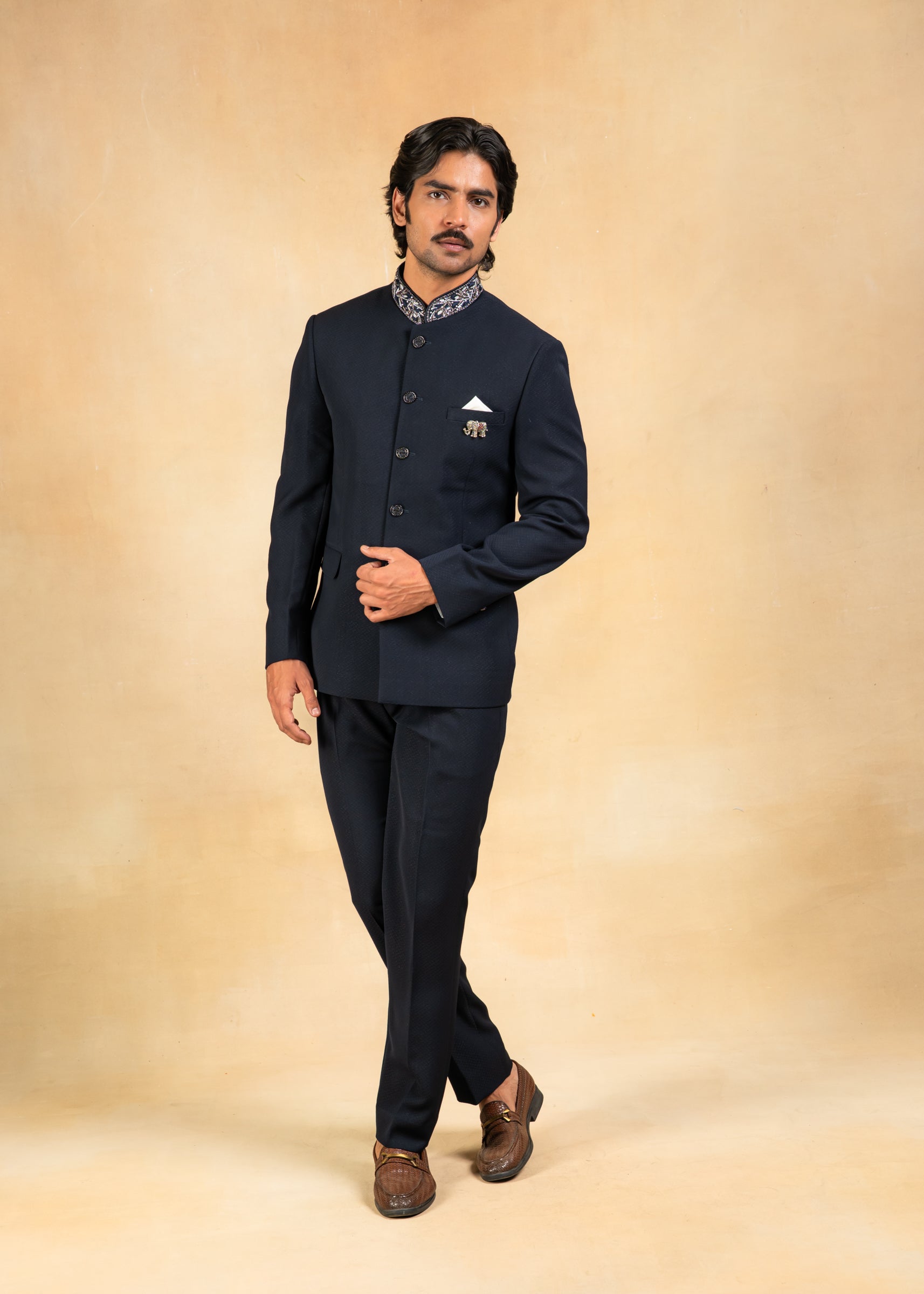navy blue bandhgala with hand embroidered collar