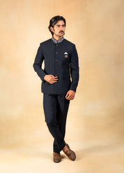 navy blue bandhgala with hand embroidered collar