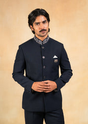 navy blue bandhgala with hand embroidered collar