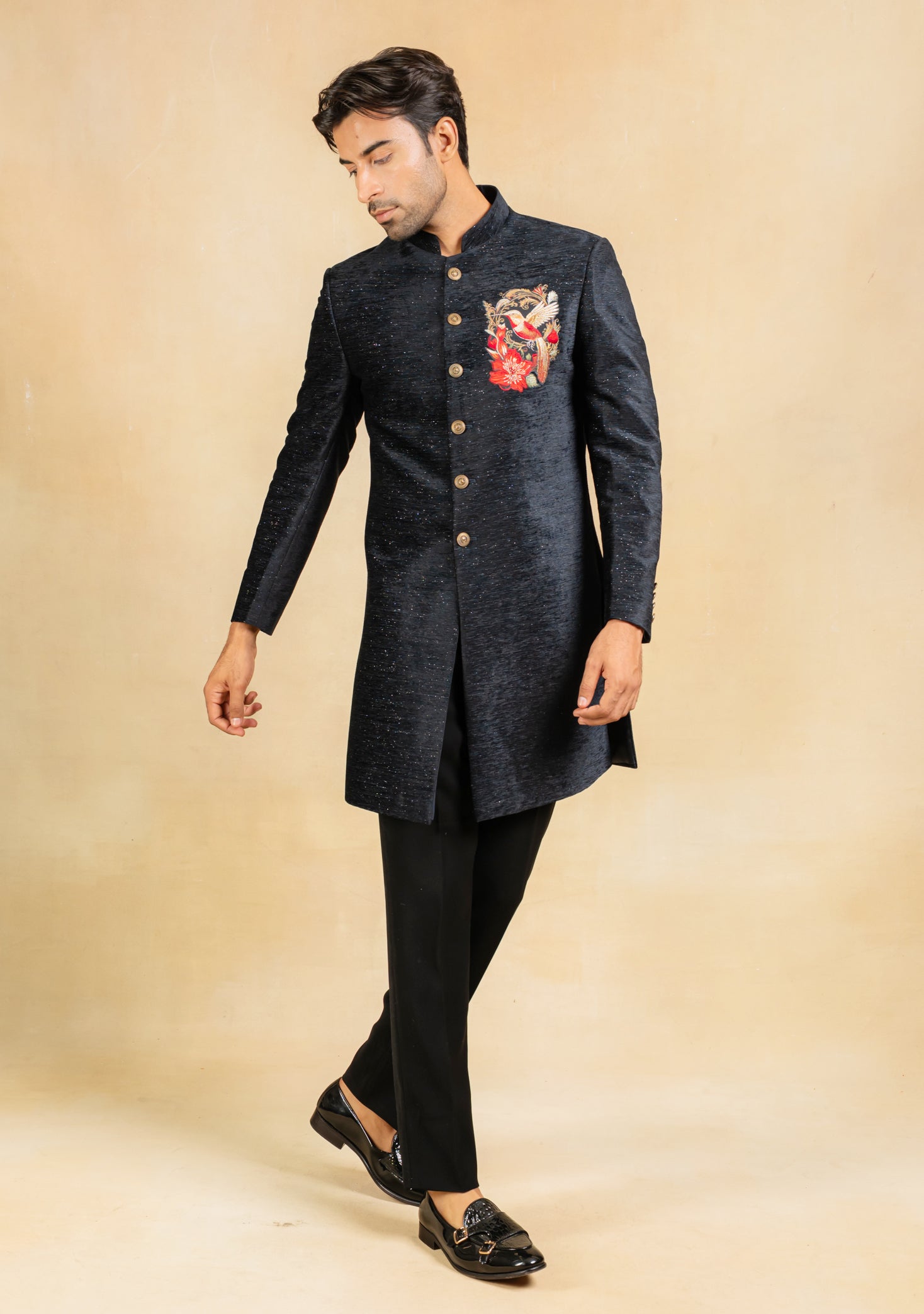 navy blue indowestern with embroidered motif