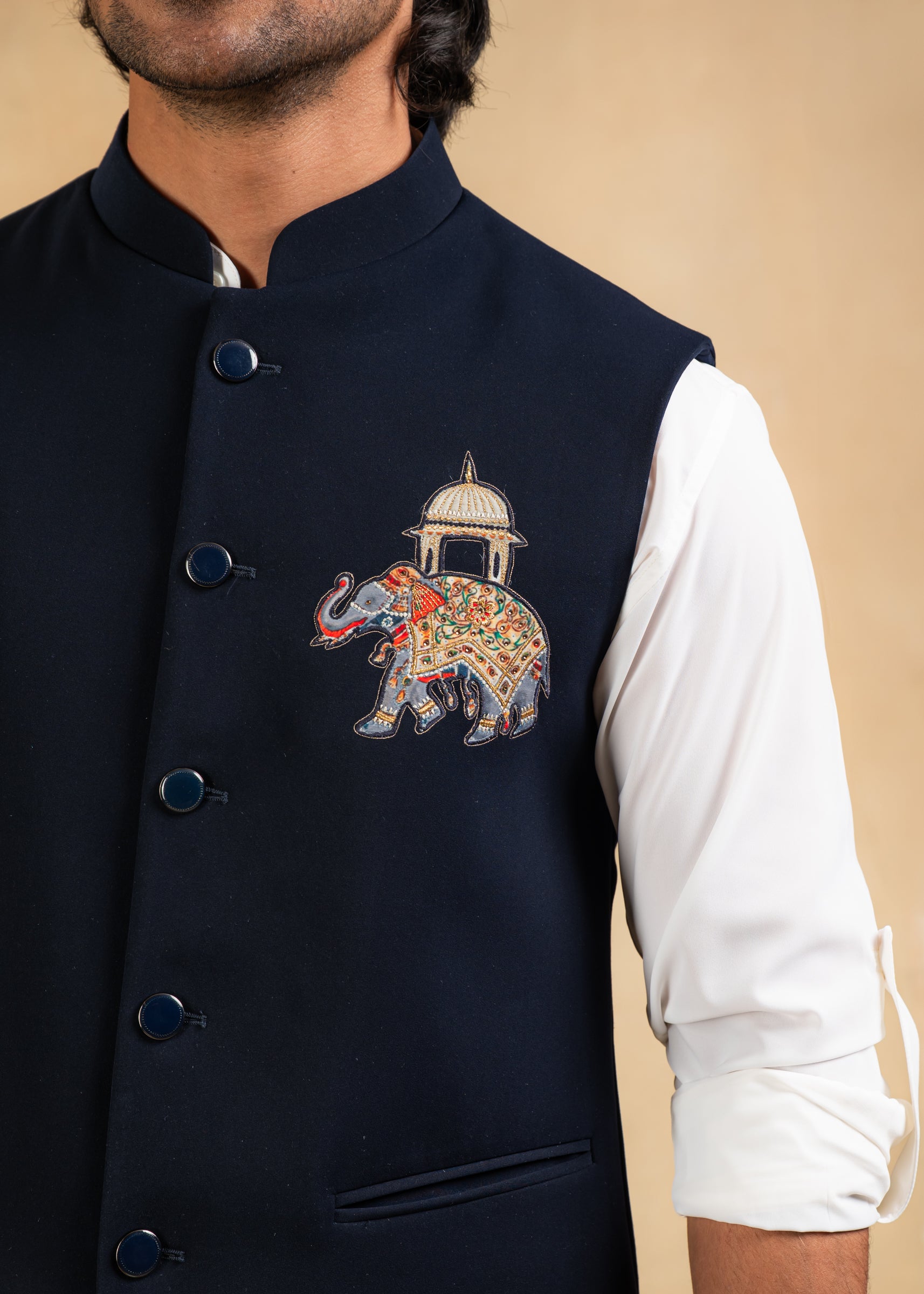navy blue nehru jacket with motif