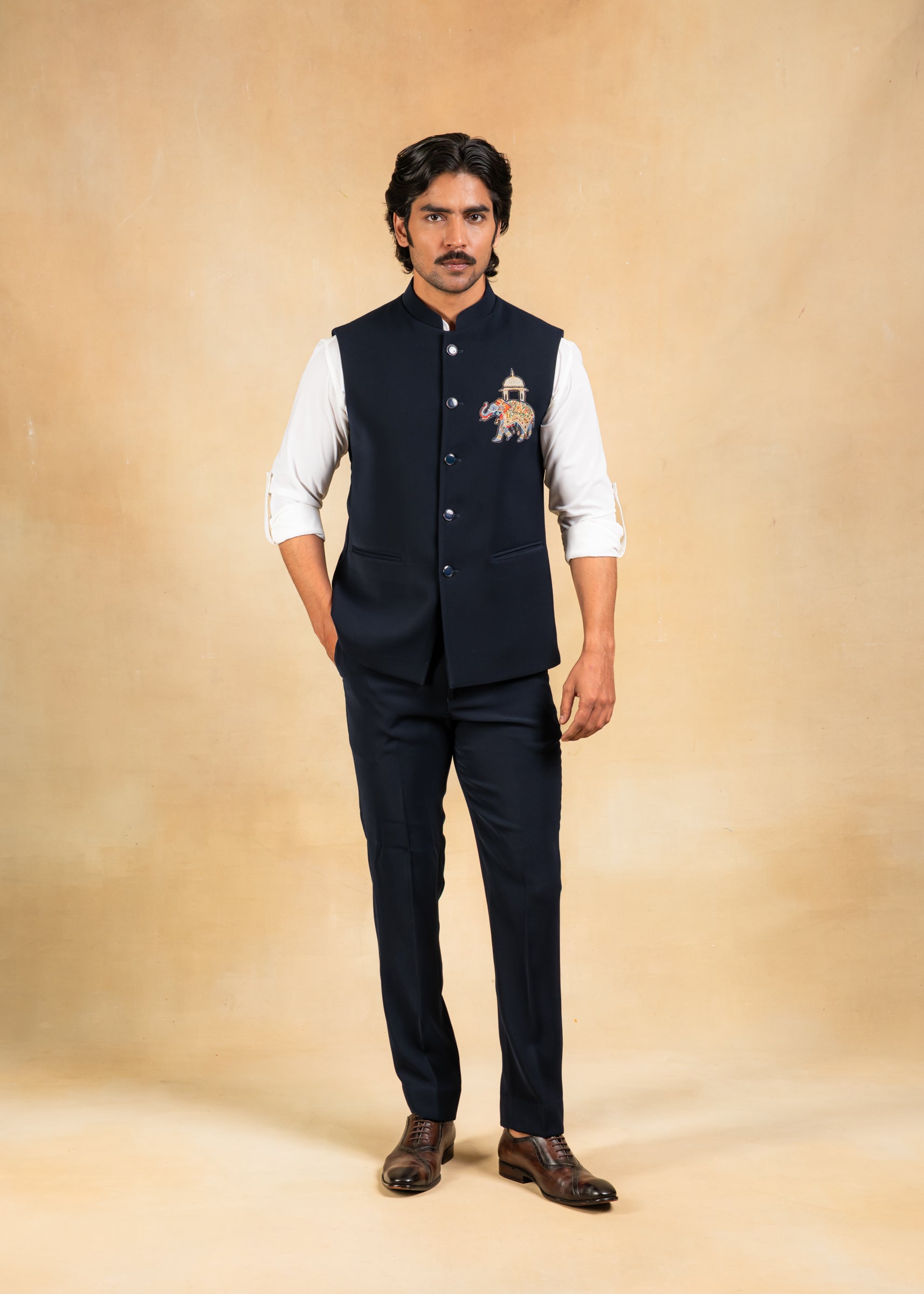 navy blue nehru jacket with motif