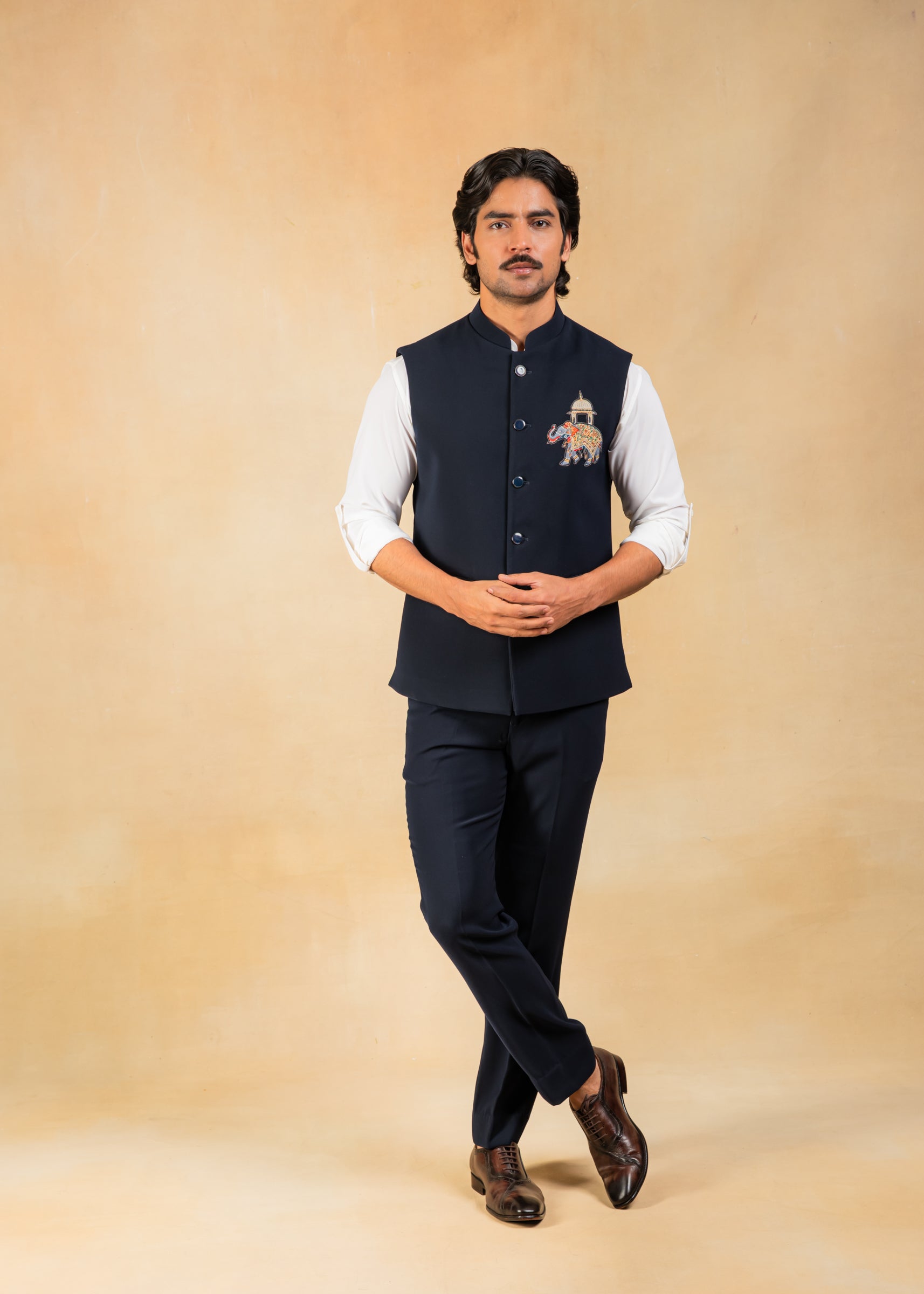 navy blue nehru jacket with motif