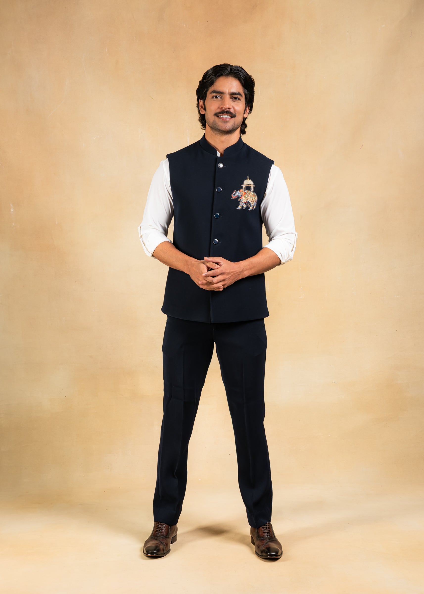 navy blue nehru jacket with motif